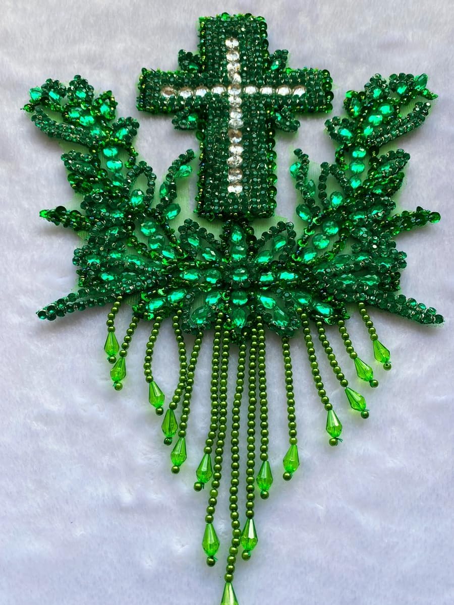 Cross Bead Embroidery Patch Pure Hand-Stitched Rhinestones Tassel Applique Decorative Clothing Accessories (Light Green) image 4