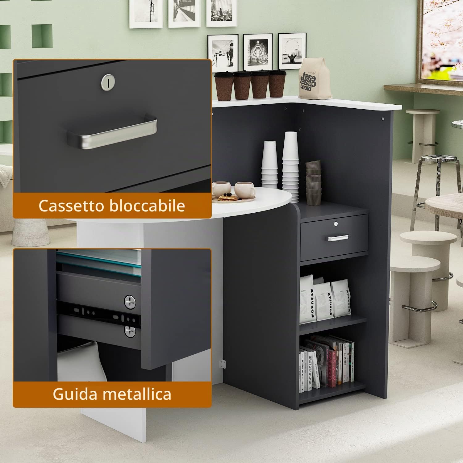 Banco reception Cassettiera con ripiano e cassetto, bancone patchwork nero-grigio, MDF, 40 x 121 x 110 cm