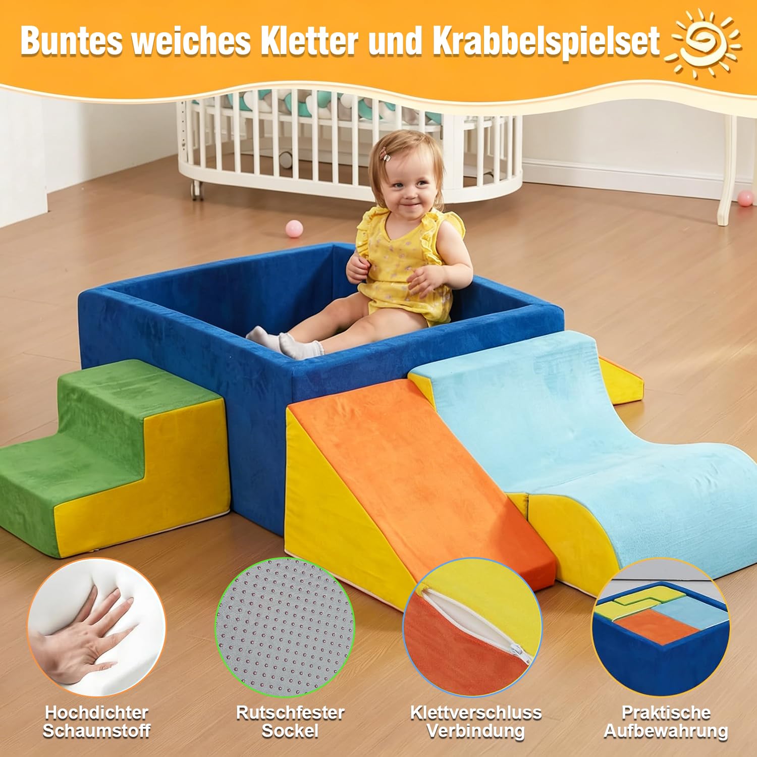6 Teilige Schaumstoffbausteine, Softbausteine aus Samt zum Krabbeln Verstaubar Mit Bällebad, Klettern & Rutschen, Riesenbausteine aus Schamstoff, Krabbellandschaft & Motorikspielzeug für Zuhause