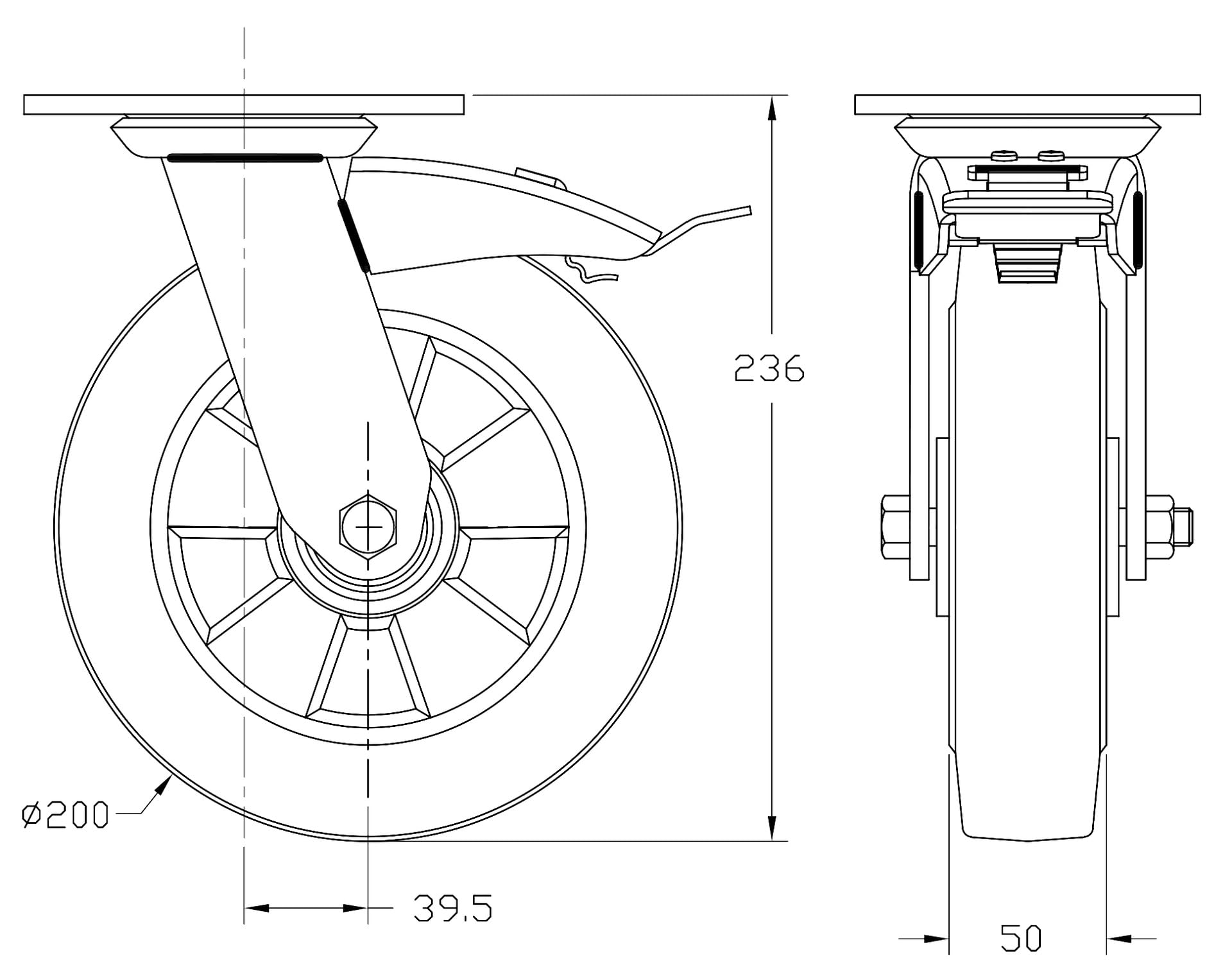 Roulettes de 200 mm (8") en caoutchouc noir, avec frein et roue fixe, capacité de charge élevée de 1 800 kg, lot de 4