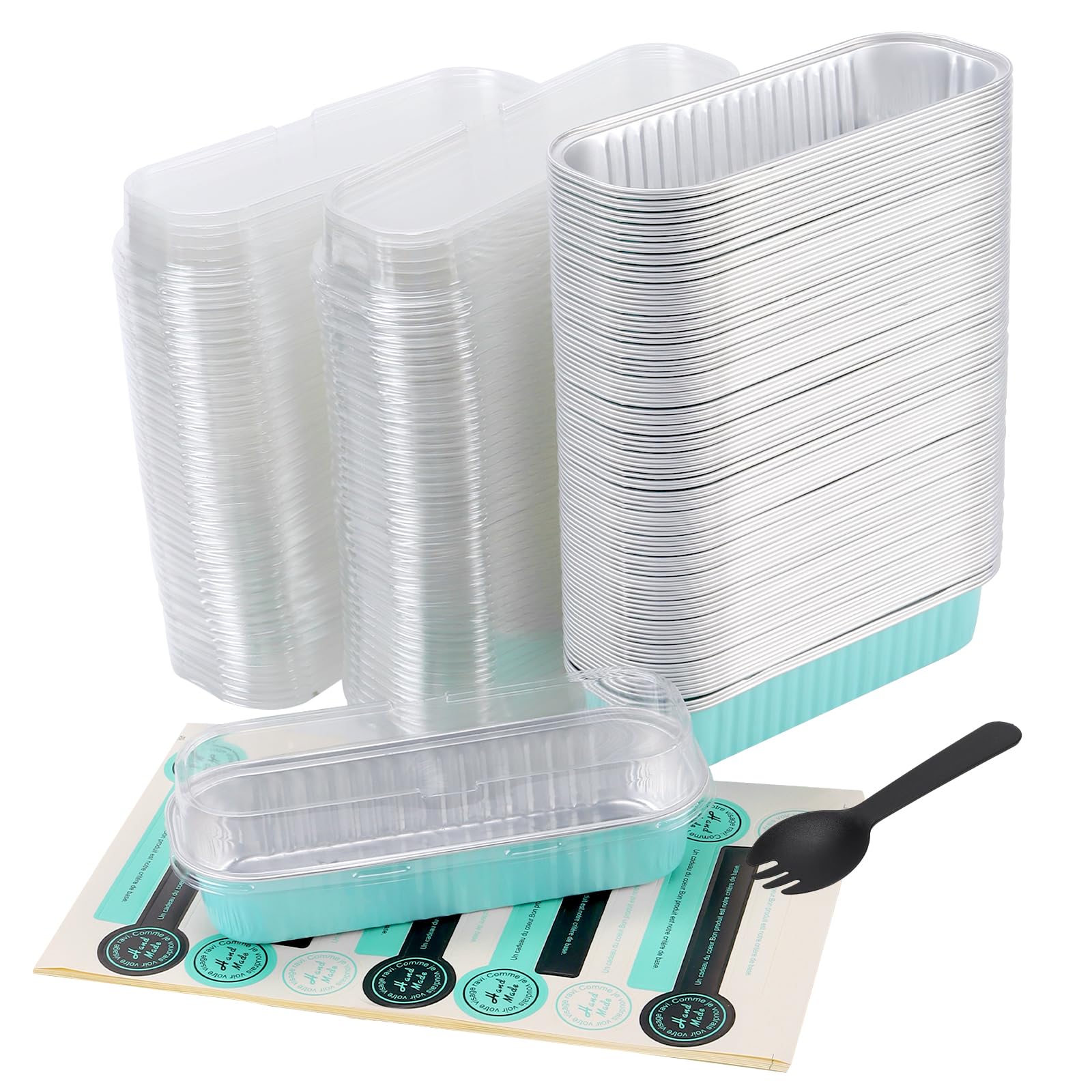 CHIHEUNG 100PCS Mini Loaf Tins with Lids, 200ml Mini Loaf Cake Cases with Stickers Blue Aluminium Foil Baking Tins for Wedding Birthday Picnic Desserts