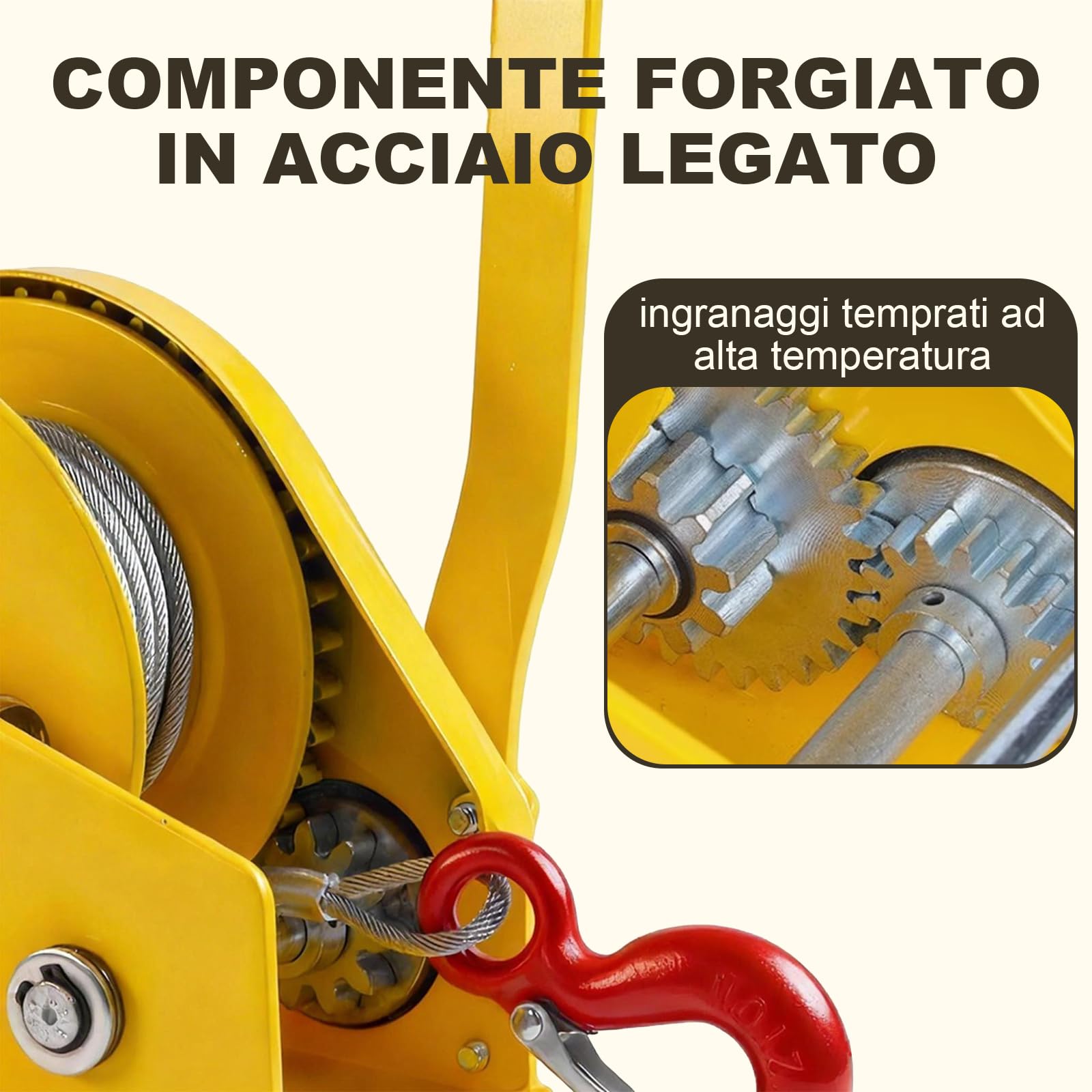 Verricello Manuale Portatile 500-1100kg, Freno Automatico Autobloccaggio, Fune Metallica con Gancio Sicurezza, per Imbarcazioni, Rimorchi, Sollevamento(10m,1200lbs)