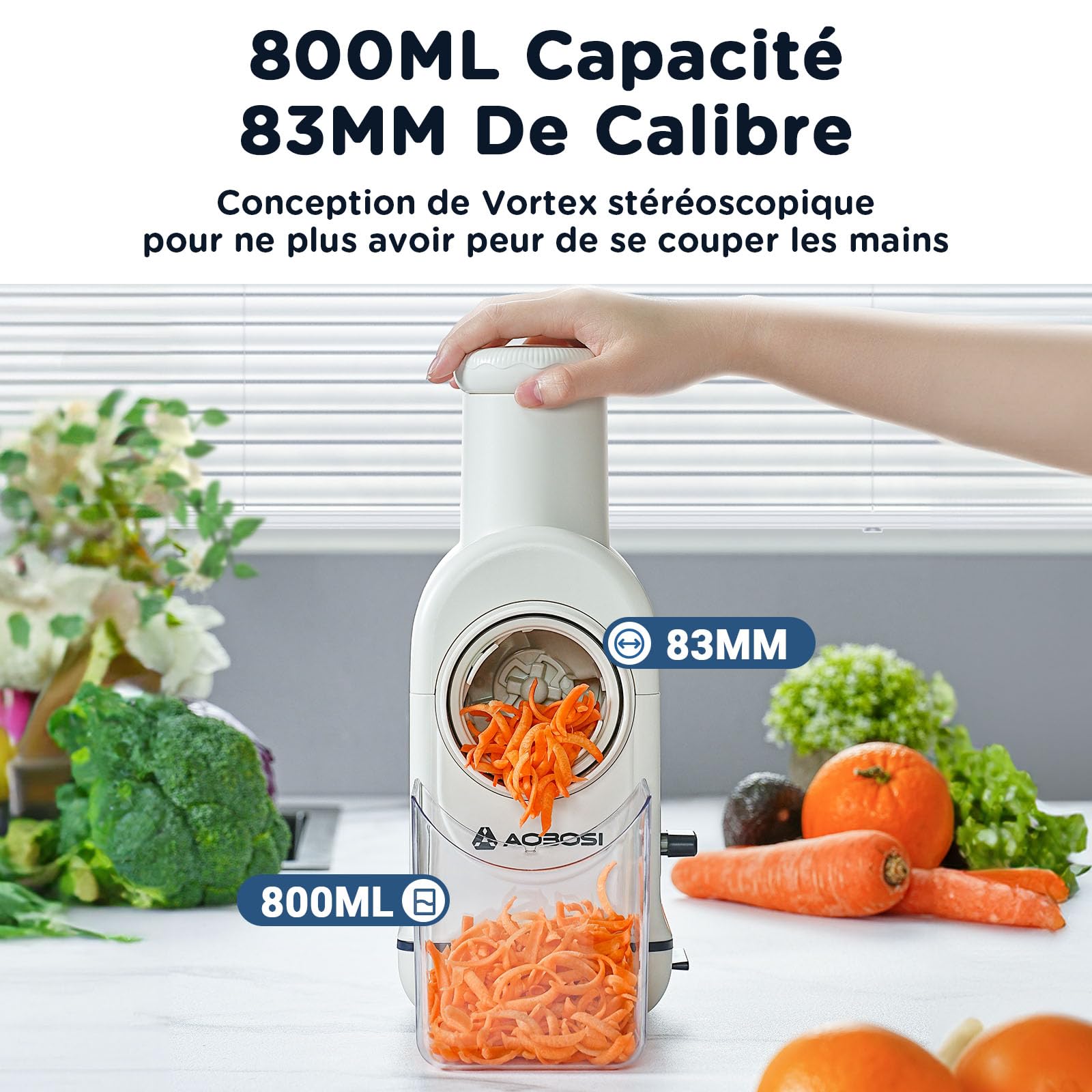 Râpe a Légumes Électrique,AOBOSI Râpe Electrique pour râper et émincer avec une grande fente pour râper les carottes entières, les pommes de terre, 3 lames et un moteur silencieux-Mise à jour