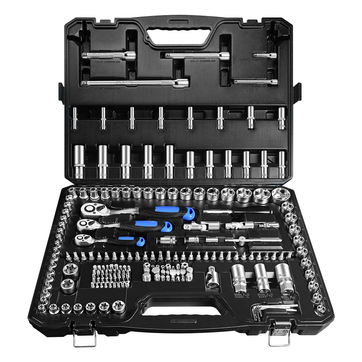Set di chiavi a bussola da 197 pezzi, 1/4" e 3/8" e 1/2", set di chiavi a bussola metriche con cricchetto a 90 denti, riparazione auto e bici con custodia resistente