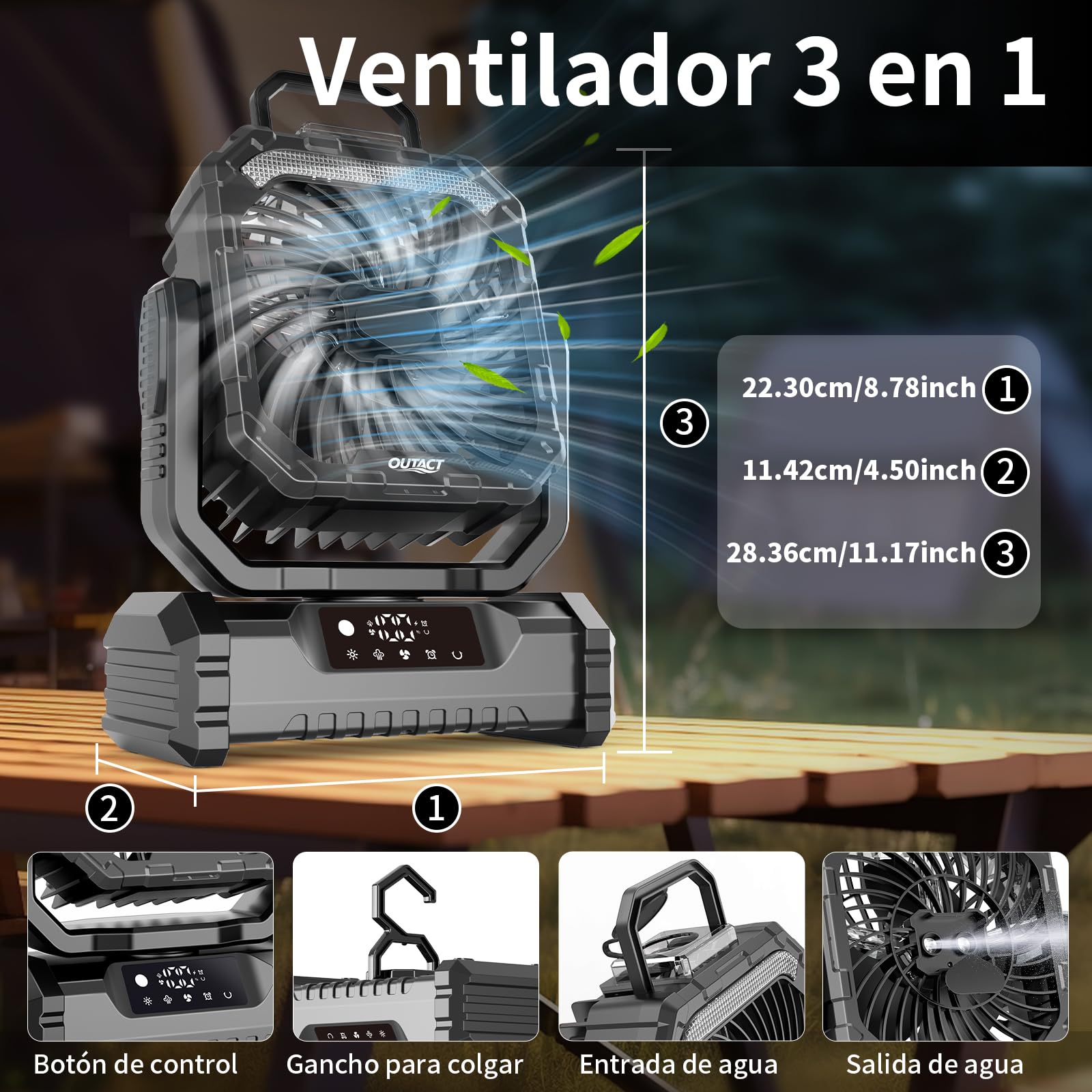Ventilador Camping Recargable de LED: 20000mAh Ventilador Portátil USB Silencioso con Nebulizador, Oscilación Ventilador Batería para Tienda, Caravana, Supervivencia, Oficina, Exterior - Negro