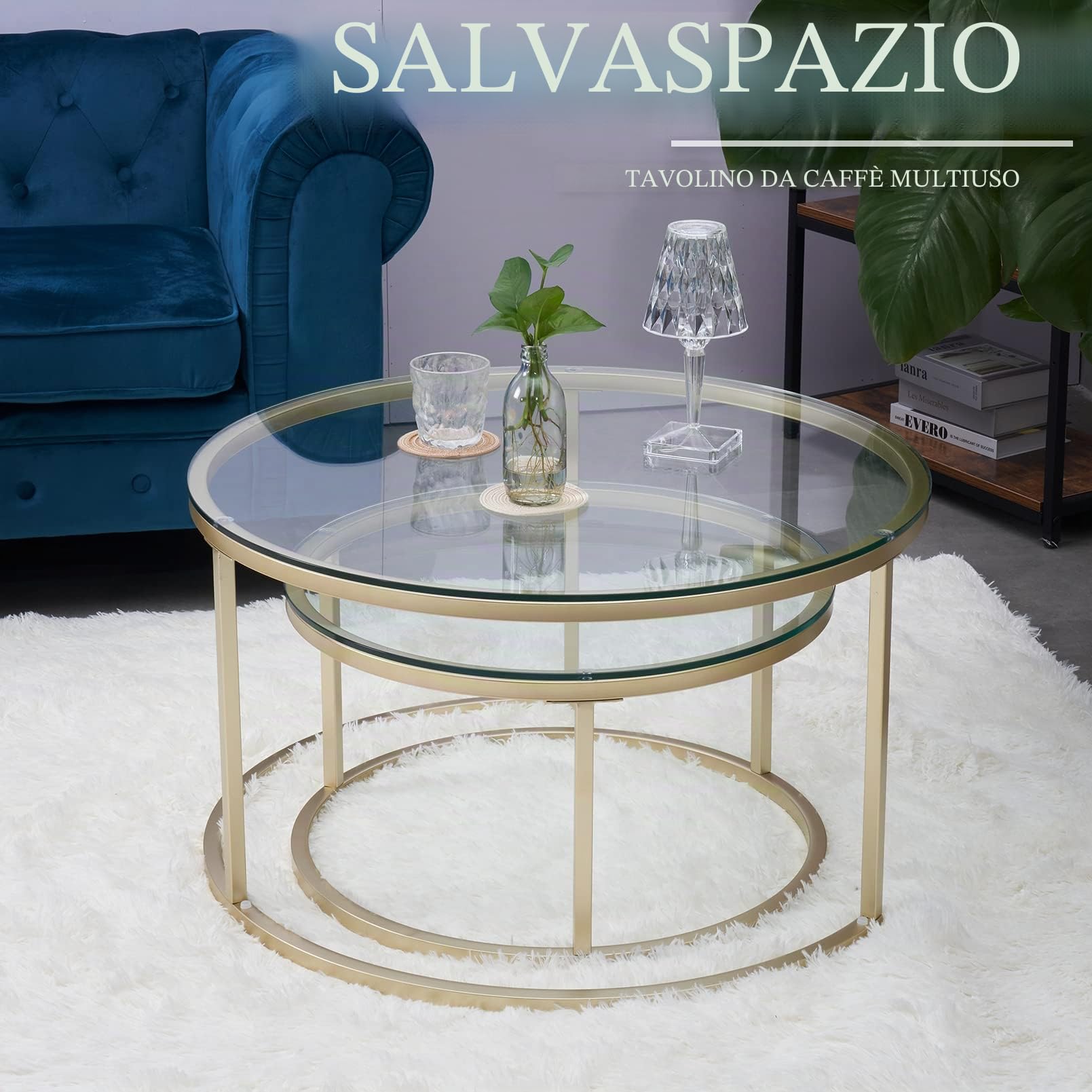 Huuryoudo Set di 2 tavolini da salotto, in vetro dorato con struttura in metallo, per balcone, divano, tavolo con piccolo tavolo da salotto, piano in vetro dorato