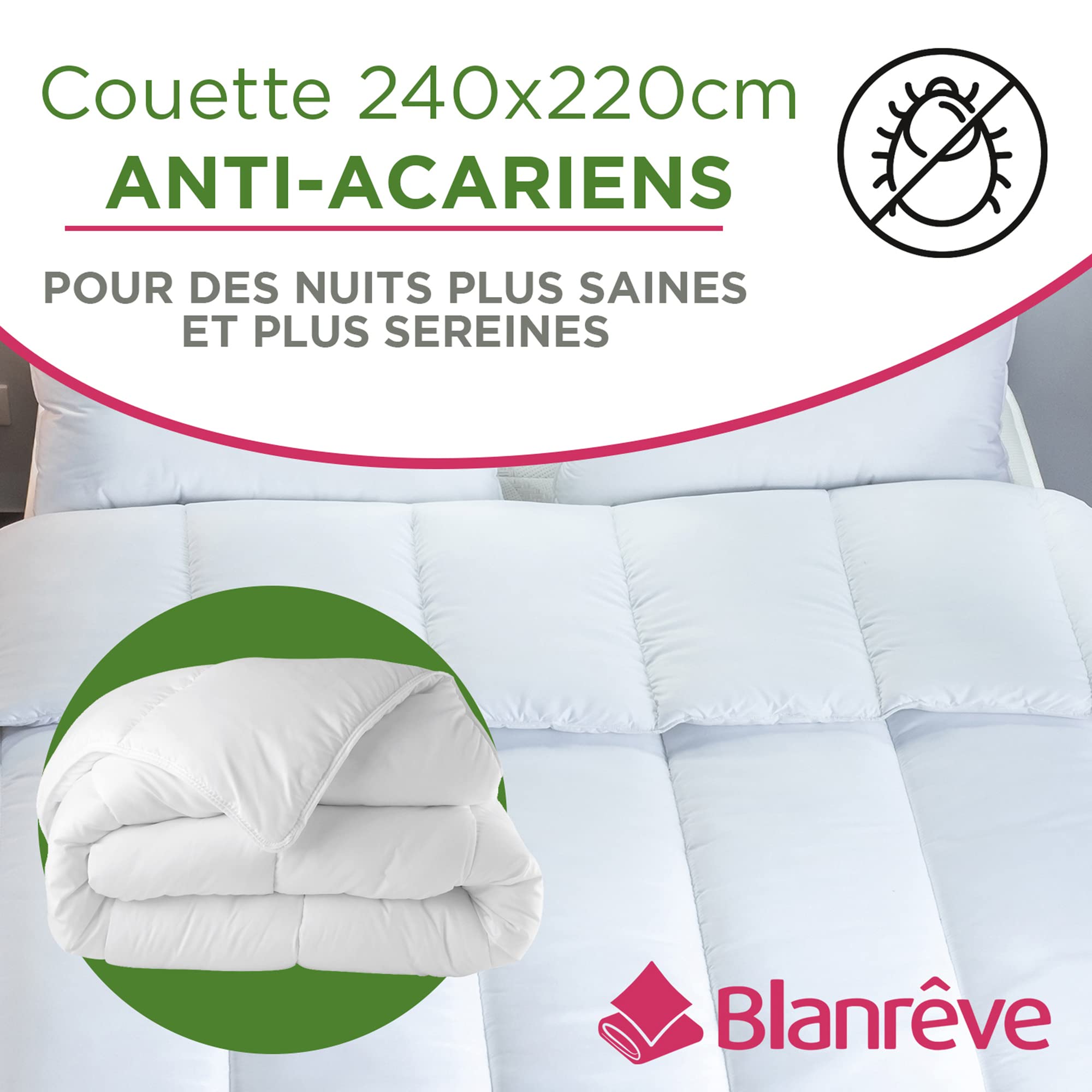 Blanrêve - Couette Toutes Saisons (300g) Anti Acarien - Ultra Douce & Confortable - Lit 2 Personnes - Lavable en Machine - 240x220 cm - Fabriquée en France