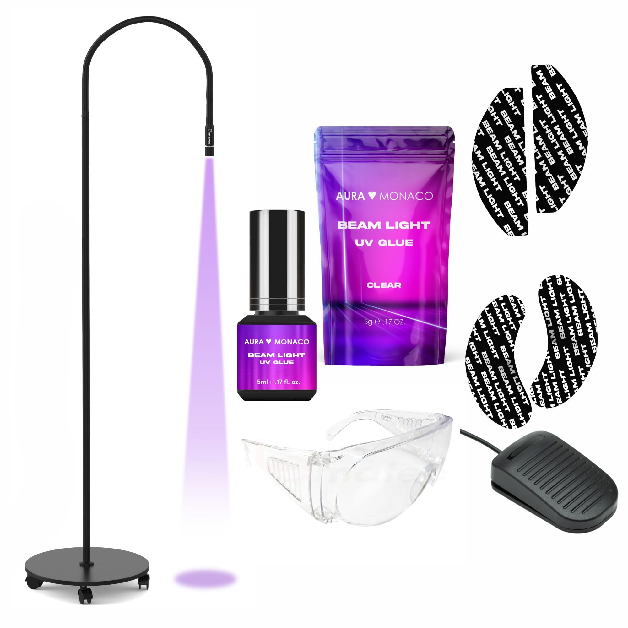 AURA Monaco | Beam Light UV Lash System S8 Complete Set – Profi-Set für UV-Wimpernverlängerung mit UV-LED-Lampe, Super Fast Kleber, Schutzbrille, Pads & Fußpedal – inkl.