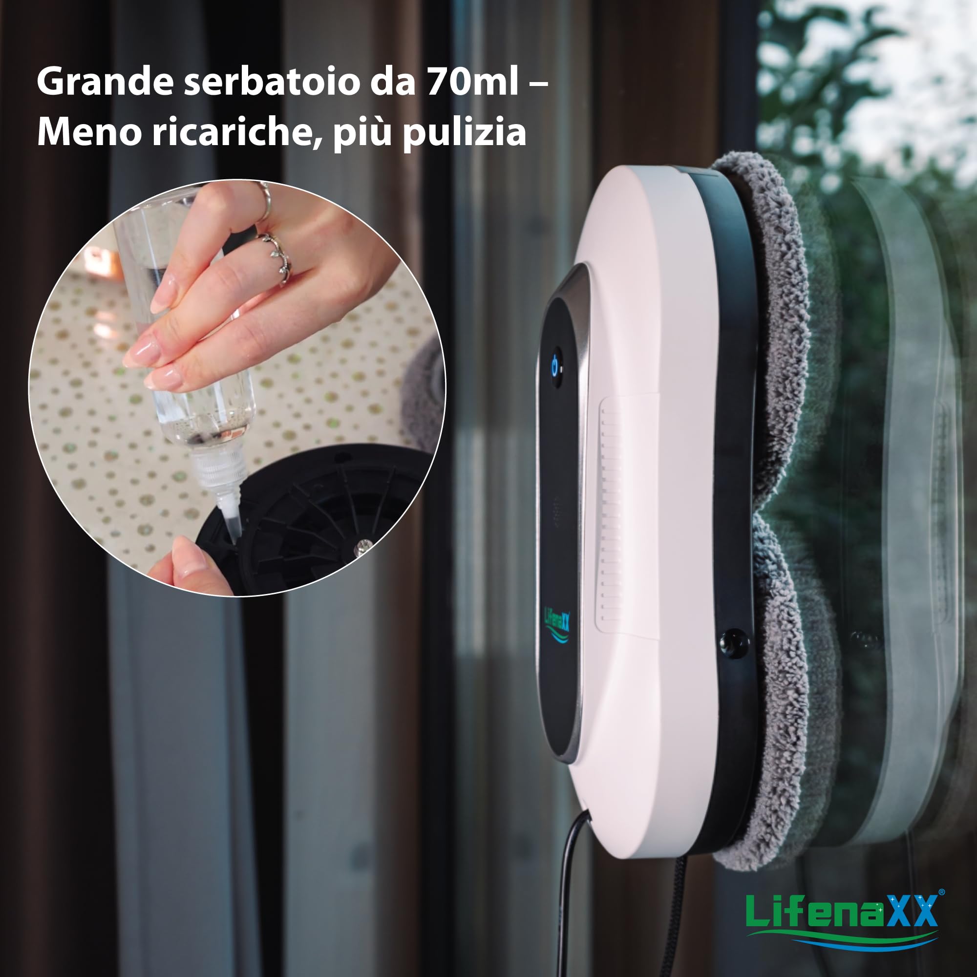 Lifenaxx LX-055, robot lavavetri avanzato, lavavetri elettrico con 2 ugelli spruzzatori, elevata potenza di aspirazione (2800 PA), grande serbatoio dell'acqua da 70 ml, telecomando