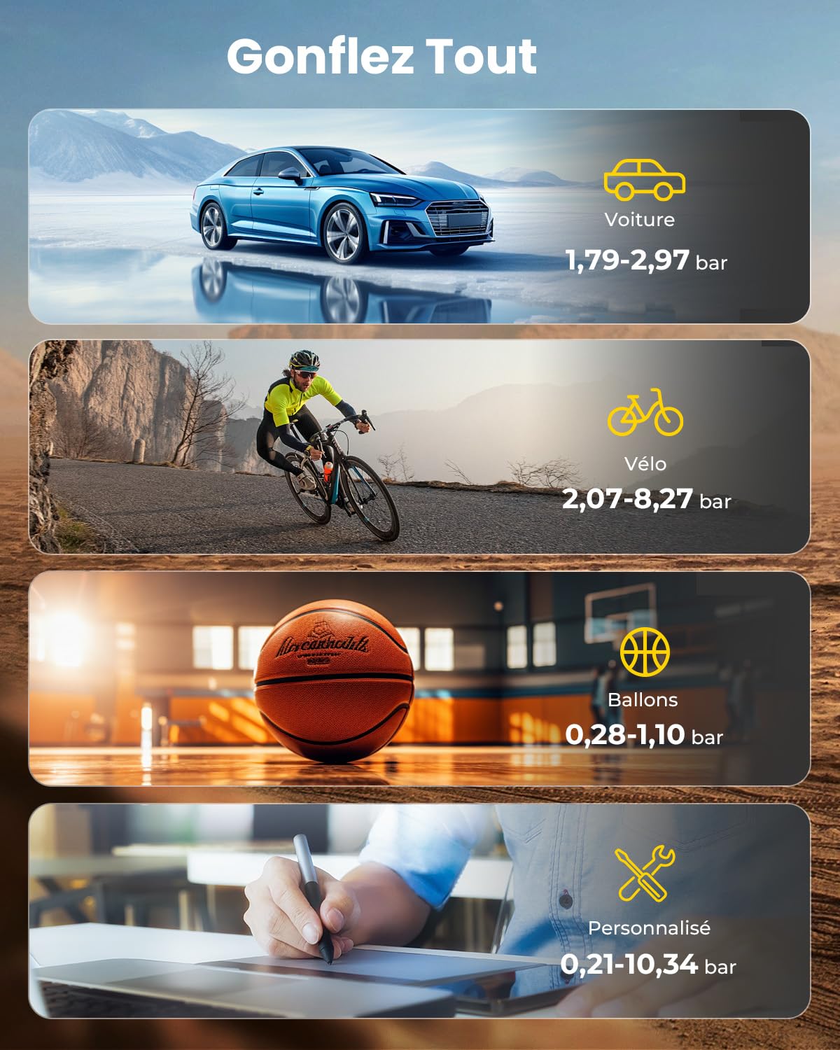 HYVOHEX Gonfleur 4000mAh Pneus Voiture Compresseur à Air Portatif 10,34Bar | Arrêt Automatique - Manomètre Numérique Lampe LED - Charge Pratique - pour Voiture, Moto, Vélo, Ballon