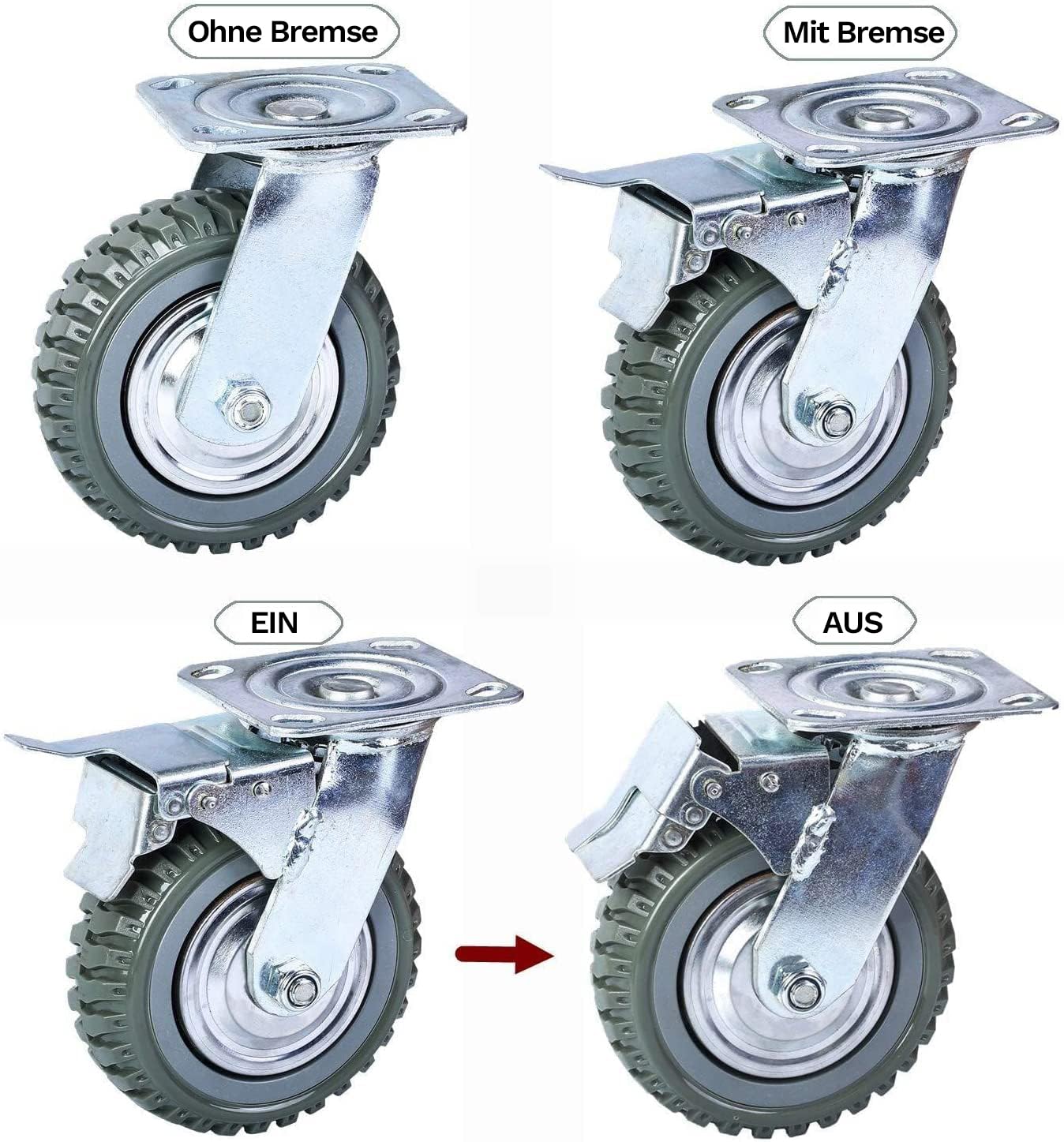 4 Stück Schwerlastrollen Plattenrollen, 200mm Lenkrollen mit Bremse,360° Drehbar Transportrollen Rollen Schwerlast Lenkrollen Möbelrollen Tragkraft 1000KG(2 Lenkrollen + 2 Bremsrollen)