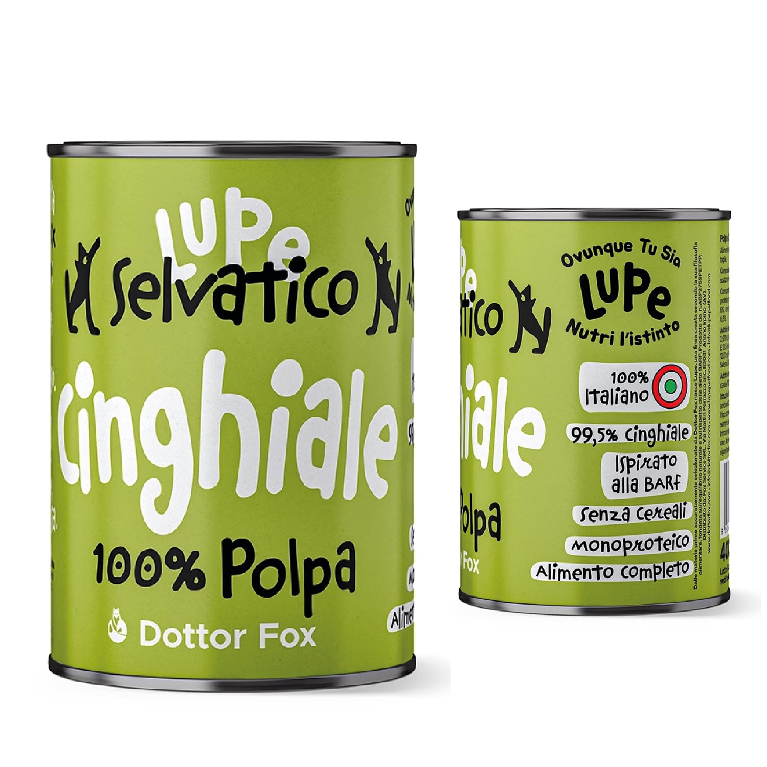 Lupe Polpa di Cinghiale, Alimento Umido Monoproteico per Cani e Gatti, 99,5% Cinghiale Italiano, Senza Cereali, Pasto Completo Ispirato alla BARF, 400 g