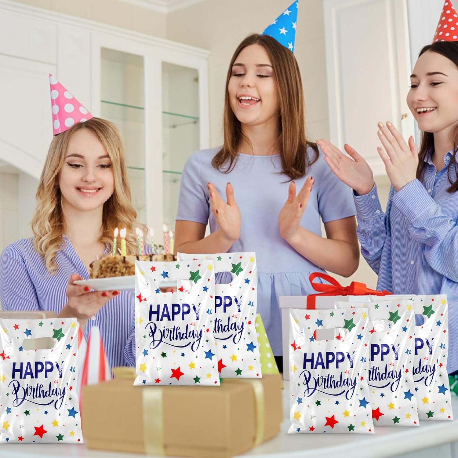 Hxezoc 50 Pieces Birthday Candy Bags Happy Birthday Goodie Bag Plastic Treat Bags Gift Wrap with Handles Favor Bags For Birthday Party Decoration Supplies (White) - Image 3