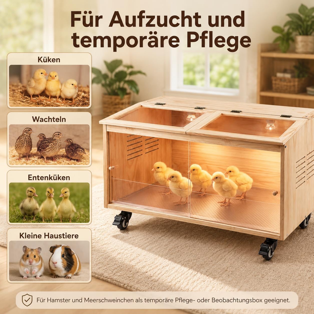 Kükenaufzuchtbox aus Kiefernholz, Kükenheim mit Thermostat, 2 Wärmelampen, Belüftung, Schiebetür & 4 Bremsrollen, Brutkasten für Küken, Hamster und Wachteln (80x40x40cm)