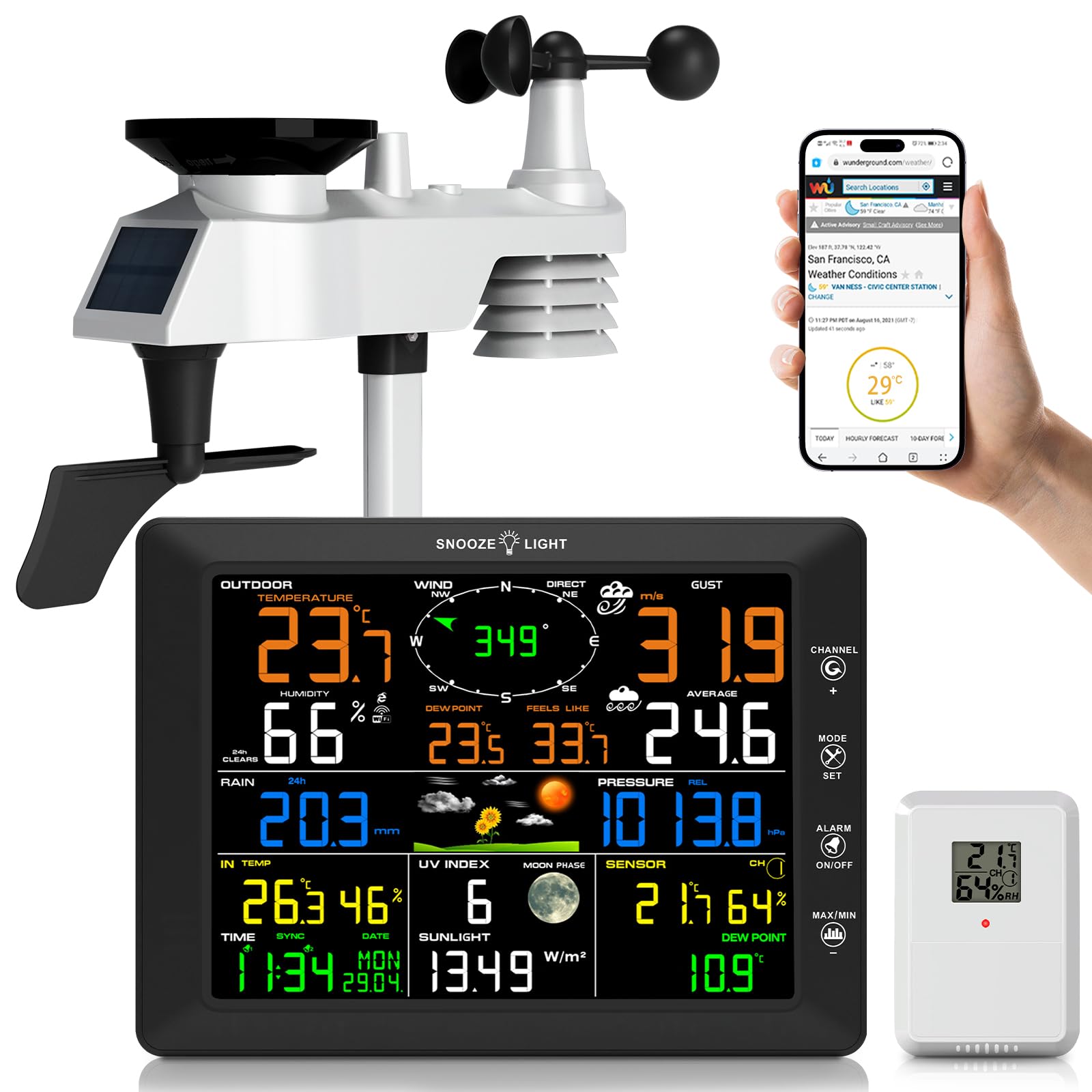 Urageuxy 14-in-1 Profi WLAN Wetterstation mit Windmesser und Regenmesser, 8 Zoll HD-Farbdisplay, Funkwetterstation für Innen Außen, Thermometer/Hygrometer, UV-Index, Luftdruck
