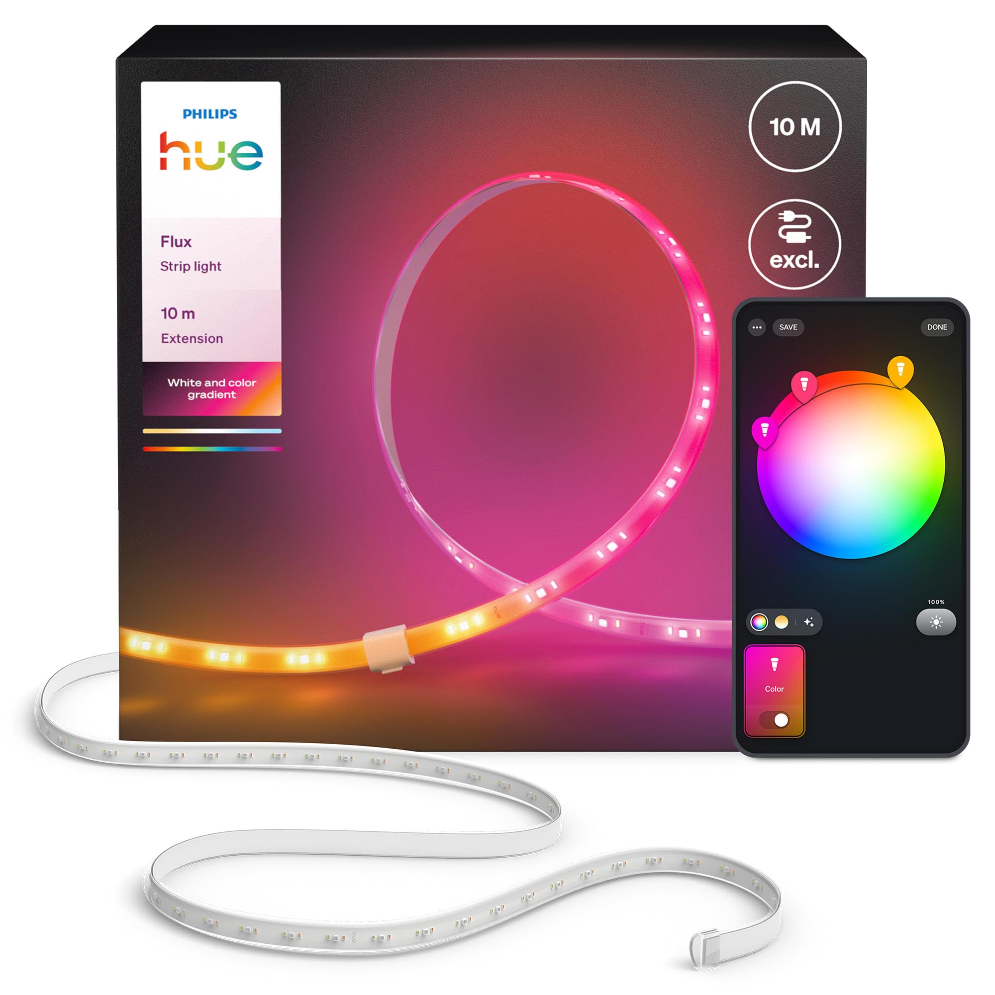 Hue Flux Extensión de Tira LED 10 Metros, Colores y Blancos Regulables, Iluminación Interior Flexible, Mezcla de Color Chromasync™, Recortable, Ampliable, Reutilizable, Control por Aplicación y Voz