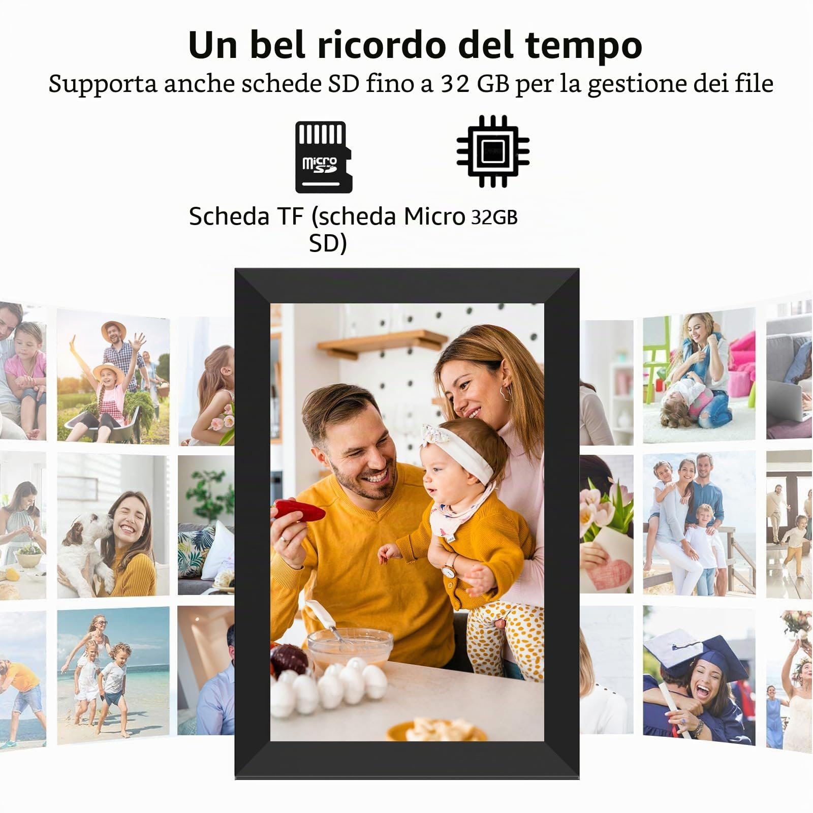 Cornice per foto digitale WiFi 10,1 pollici schermo touch screen LCD IPS 1280x800 memoria integrata da 32 GB rotazione automatica condividi momenti istantaneamente tramite l'app