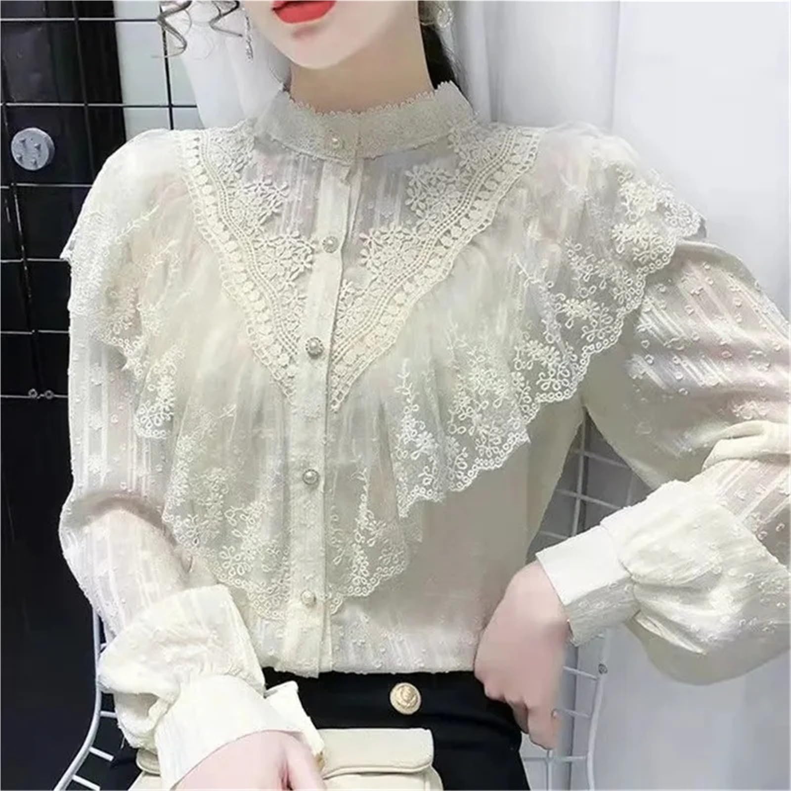 Blouse Mousseline Haut en Mousseline de Soie et Dentelle for Femme, Manches Longues, Chemise rétro française, à la Mode, Design, Bord Feuille Lotus