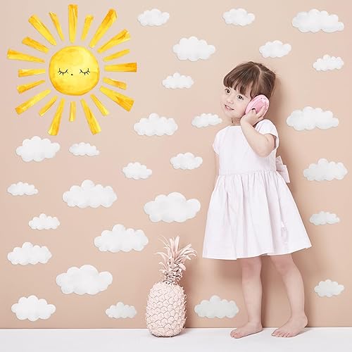 Calcomanías de pared de sol y nubes, calcomanías de acuarela boho para pared, despegar y pegar, calcomanías de pared de sol de PVC, decoración de