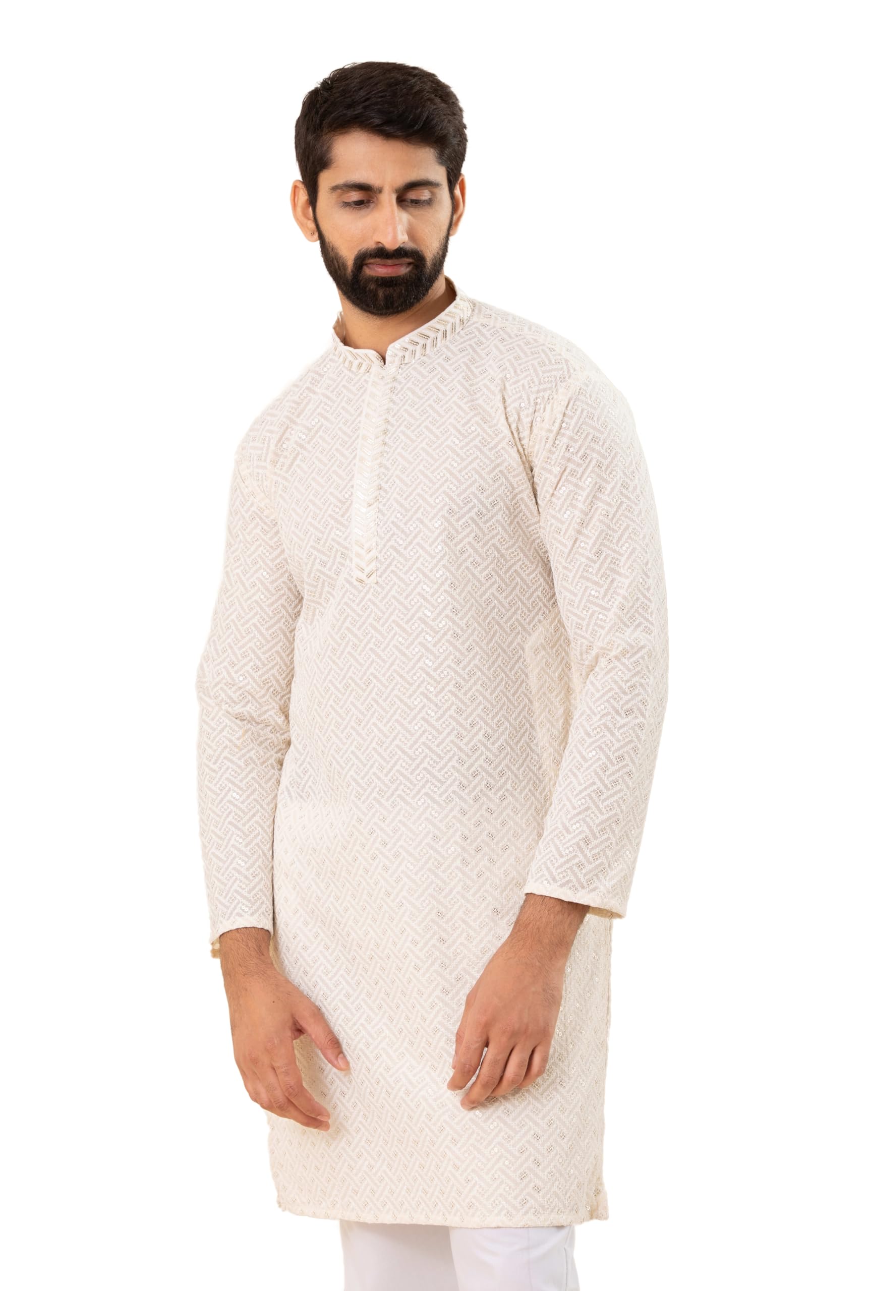 Divisive Men's Embroidered Cotton Linen Blend Only Slim Fit Kurta (Dkrt1107_M_Off White 7)