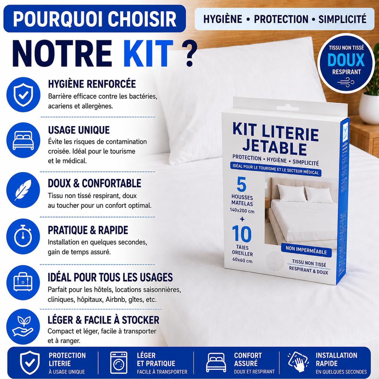 Kit Literie Jetable – 5 Housses Matelas 140x200 cm + 10 Taies Oreiller 60x60 cm – Non Imperméable - Hygiène Literie - Housse Matelas à Usage Unique - Protection Matelas