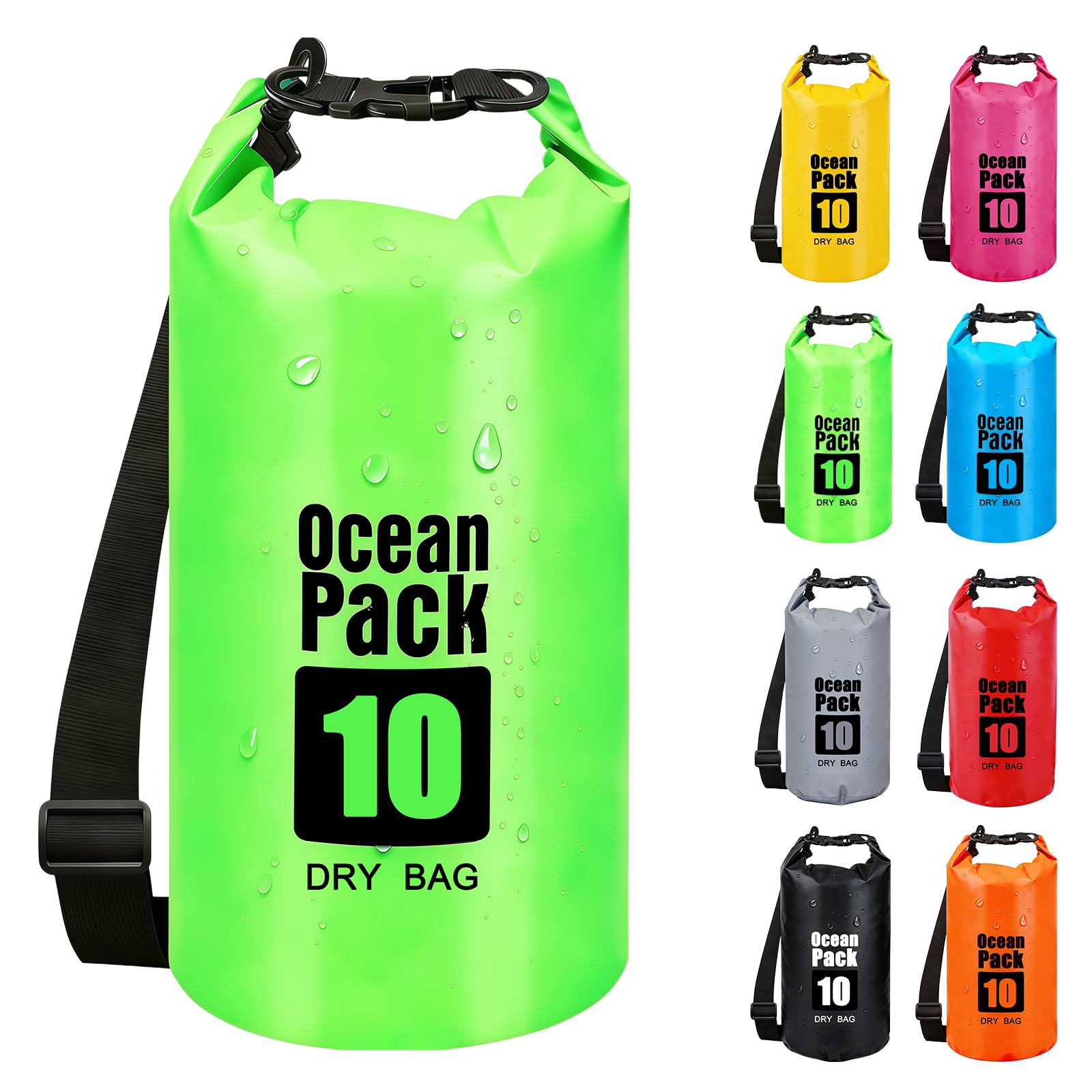 RONGZUBAT 10L Waterproof Dry Bag with Shoulder Strap, Roll Top Dry Sack for Towels and Clothes, Waterproof Bag for Kayaking, Paddle Boarding, Boating, Beach, Camping and Travel - Green