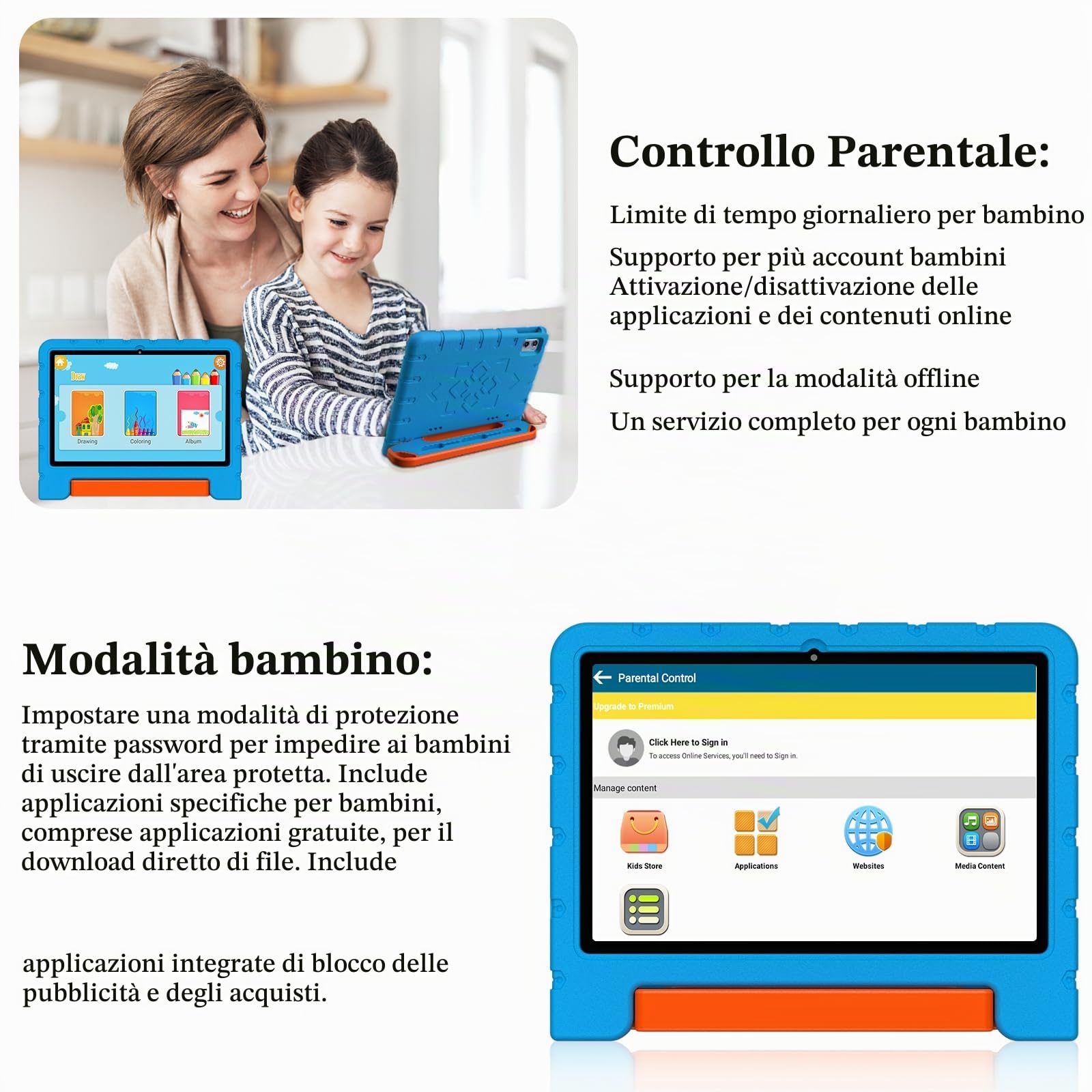 ZIOVO Tablet Bambini Android 15 Tablets 10 Pollici, 30GB RAM+64GB ROM(TF 2TB), 5G WiFi Tablets,Gemini AI/Octa-Core/Widevine L1/Face ID/Parentale Controllo/6000 mAh/BT 5.0, Tablet con Eva Caso-Blu