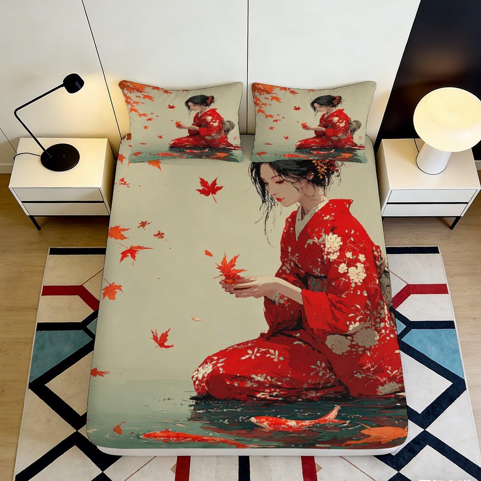 Pnayamiorkfel Girls Style-4 3D Printed Japanese Kimono Fitted Sheet Microfiber Autumn Maple Leaves Bed Cover For Bedroom Dorm Mattress Decor, Easy Care 90X200x25cm