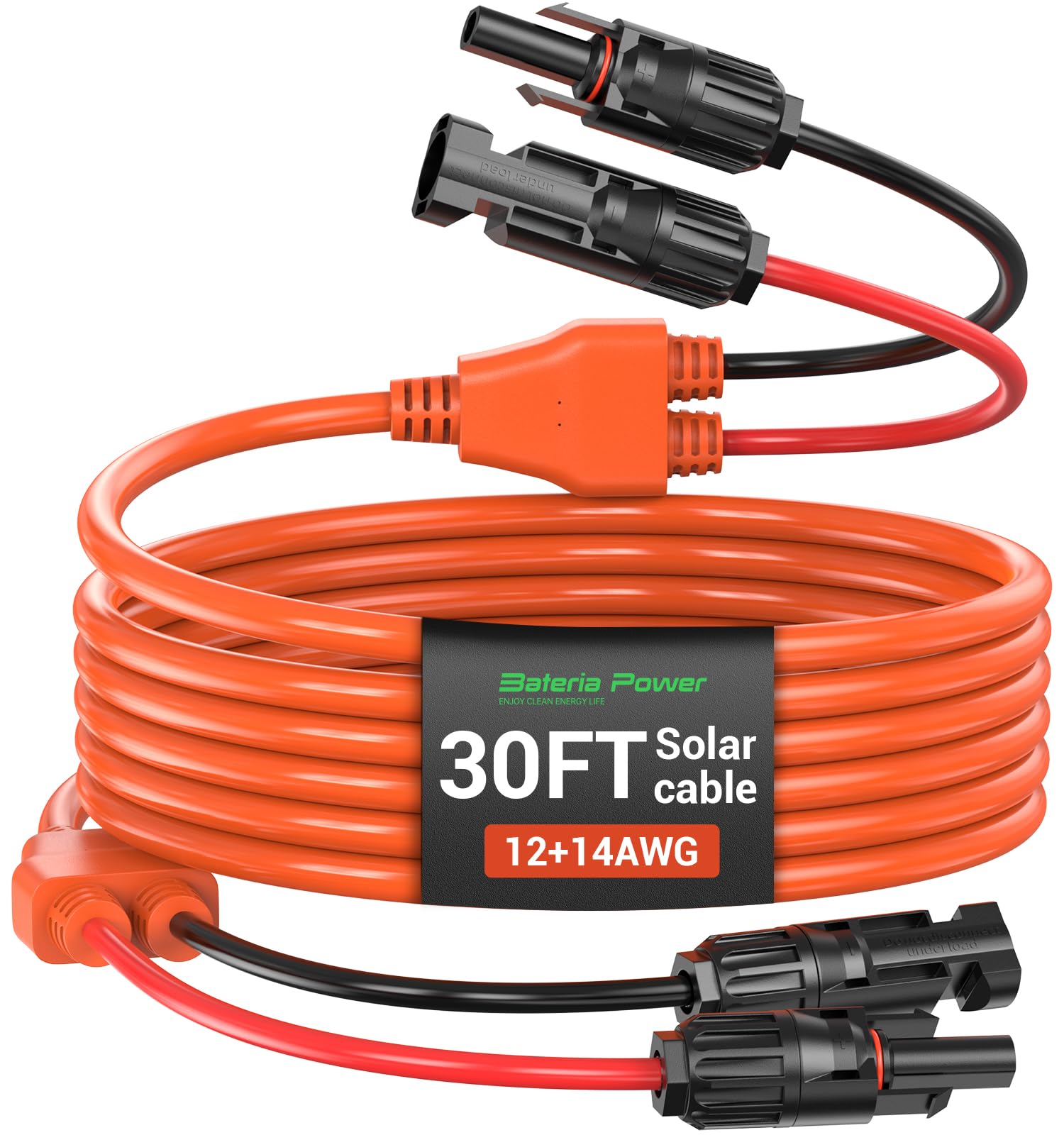 Solar Extension Cable, 14AWG Tinned Copper with Solar Panel Connectors, 12AWG Red & Black Branch Wires, Heavy Duty Outdoor Power Cord for RV, Inverter, Generator, Off-Grid System (30FT)