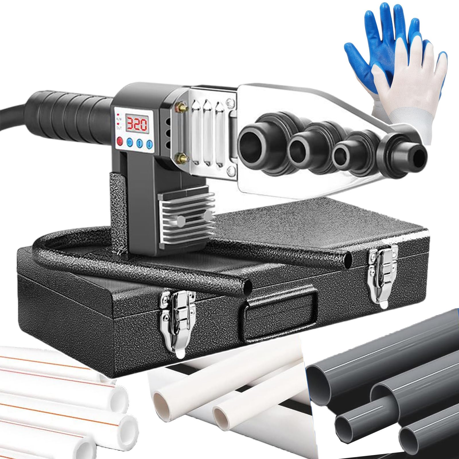 Pipe Fusion Welding Machine 100-320° | Portable Pipe Hot Melt Machine (with 6 Die Head) | PVC Pipe Heater | Pipe Welding Equipment for Weld PPR, PR, PE Plastic Pipes (with Gloves)