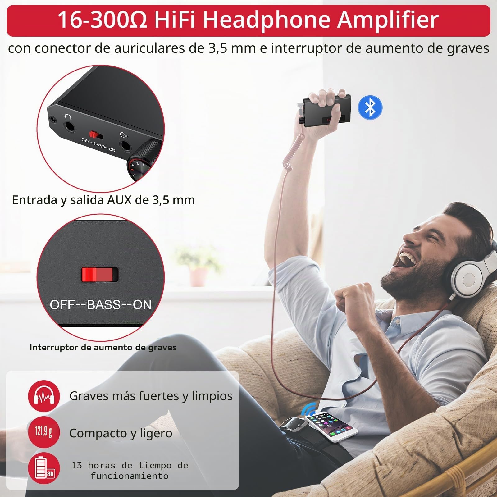 Neoteck 3,5mm Amplificador de Auriculares Portátil Amplificador de Auriculares de Bajo con Receptor Bluetooth 5.1 16-300 Ohm Amplificador de Auriculares HiFi con Interruptor de Refuerzo de Graves