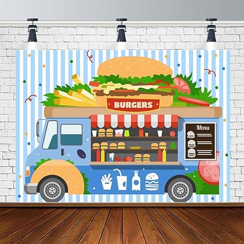 Miniatura 5 de Fondo de hamburguesa para camión de comida rápida, postre de tienda, hamburguesas, papas fritas, bebidas, fotografía, telón de fondo para niños,