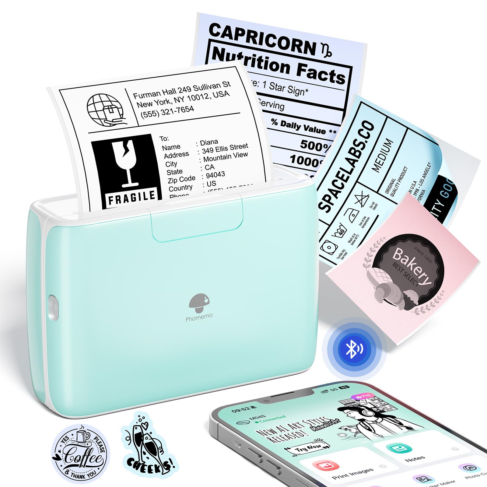 Phomemo M04S 110mm Impresora Portátil térmica - Mini Impresora de bolsillo Bluetooth, Ancho de impresión de 53/80/110 mm, 300dpi, Compatible con iOS y Android, para documentos, notas, pegatinas, verde