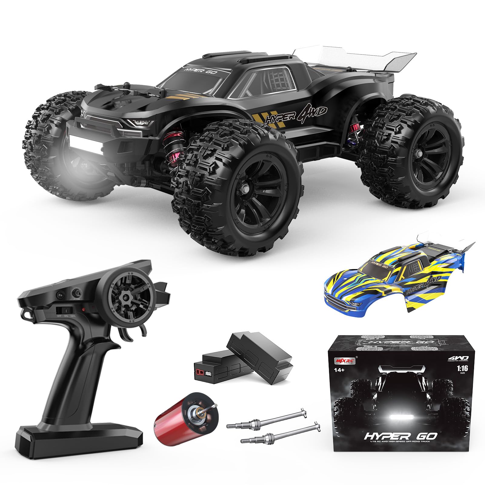 HYPER GO H16BM 1/16 RTR Brushless High Speed Electric 4X4 Off-Road Fast RC Car, Max 42mph, RC Truck, Remote Control, 2 Lipo Batteries for Adult, Compatible with 3S Lipo