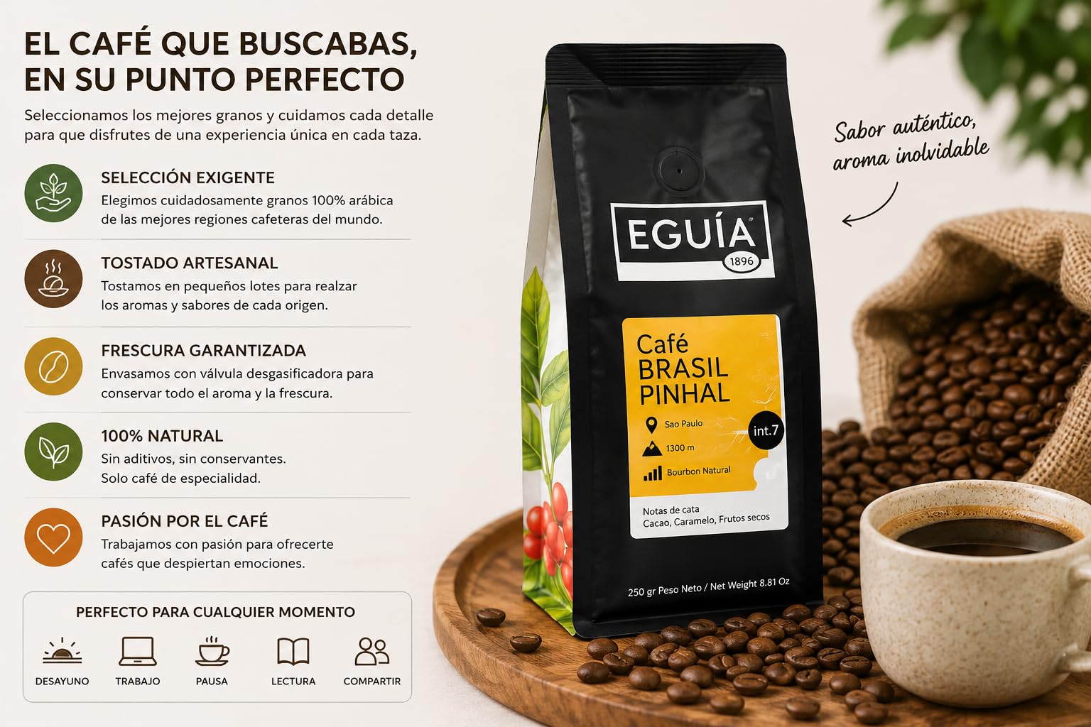 EGUIA Cafe en Grano Natural 100% Arabica - Pack Degustacion Espresso 4x250g - Cafes de Etiopia, Colombia, Guatemala y Brasil - Tueste Medio Gourmet Premium