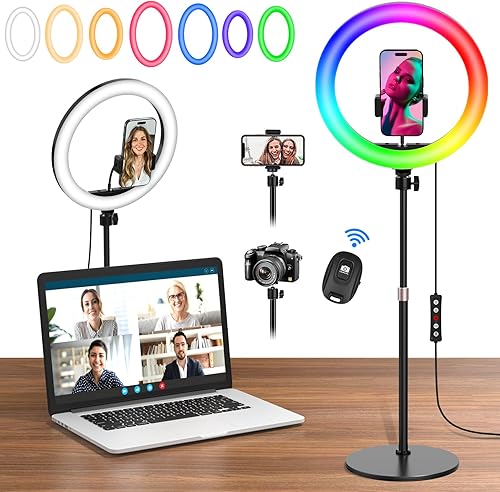 Miniatura 8 de Anillo de luz de escritorio de 12 pulgadas con soporte y soporte para teléfono, control remoto Bluetooth. Luz de halo para selfie, luz LED circular