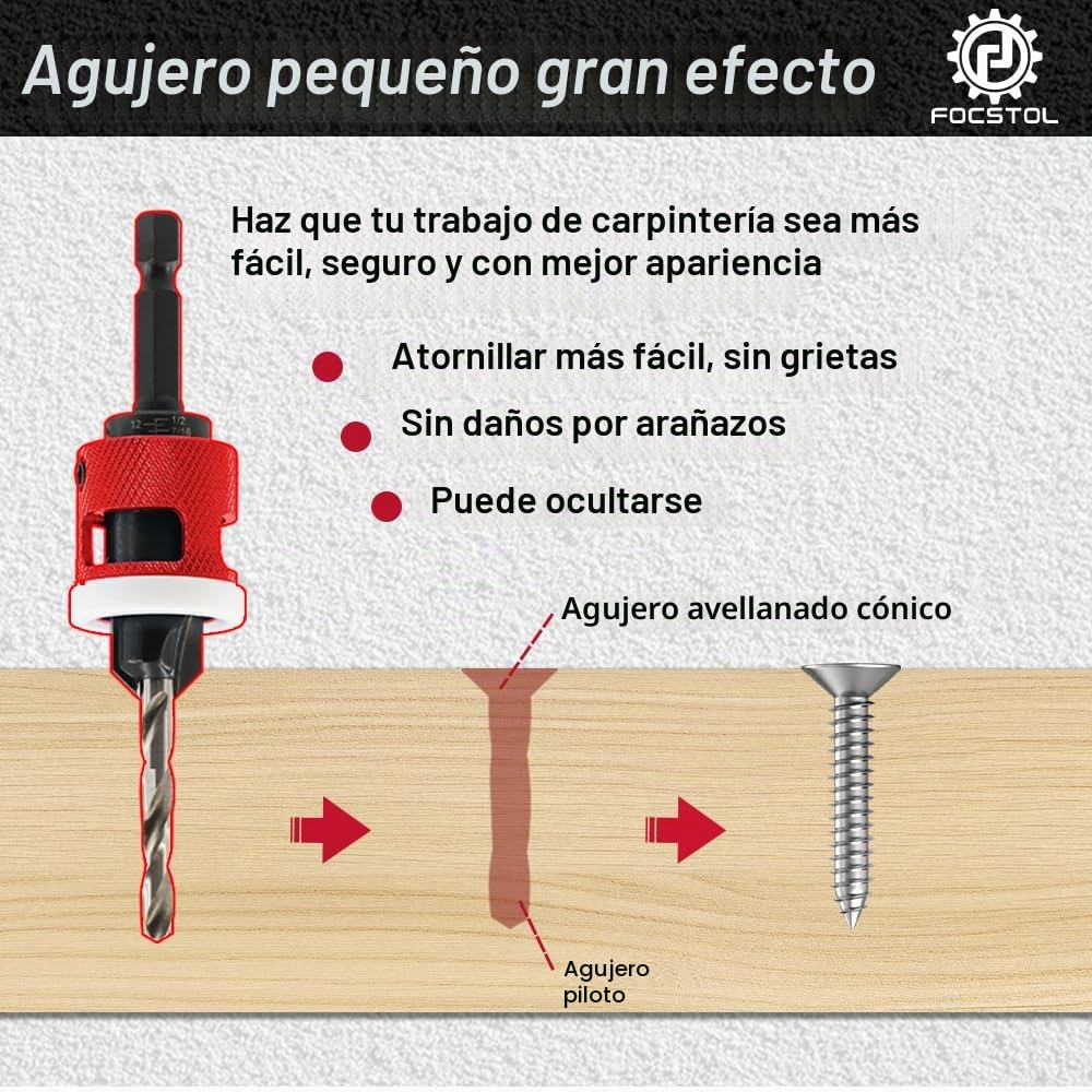 Juego de 5 Brocas Avellanadoras con Tope de Profundidad Baja Fricción - FOCSTOL 3,2/3,6/4/4,4/4,8mm Broca Avellanadora con Punta Carburo de 82 Grados para Madera, Plástico