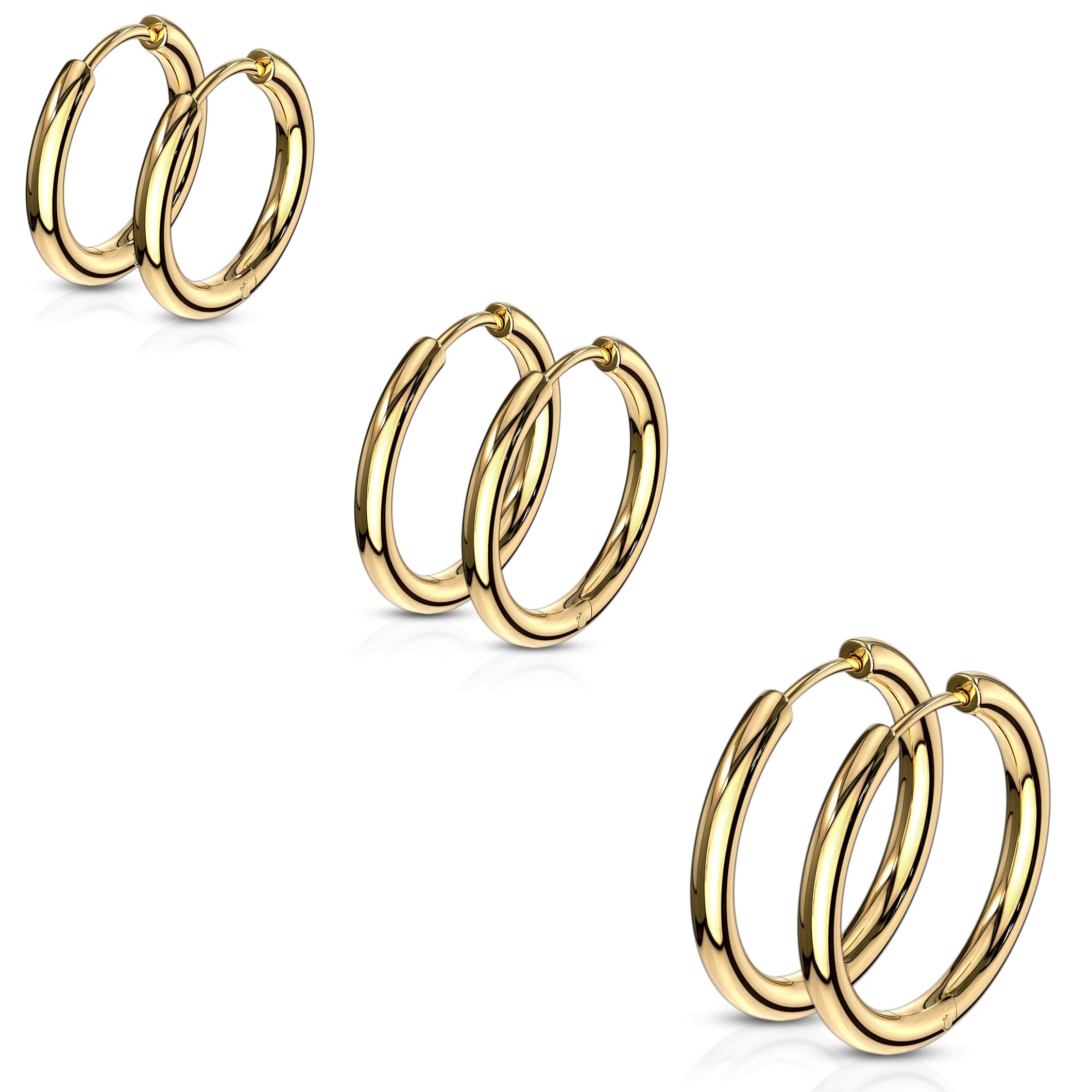 Pierced OwlSet of 3 Pairs of 316L Stainless Steel 2.5mm Thick Round Hinged Hoop Earrings