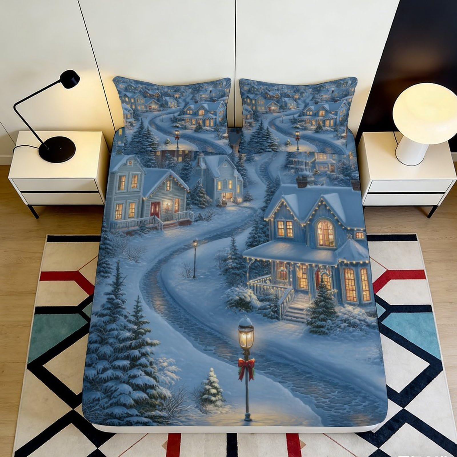 Pnayamiorkfel Style-3 3D Printed Winter Village Fitted Sheet Microfiber Soft Snow Landscape Bed Cover For Bedroom Guest Room Decor 90X200x25cm