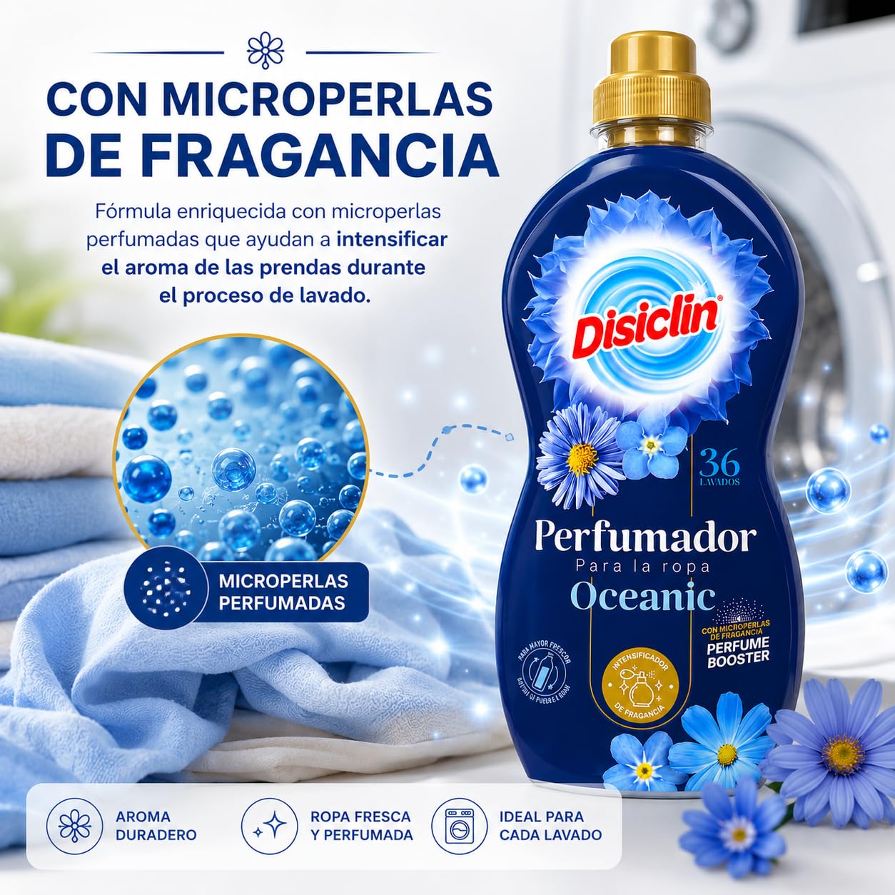 Disclin | Perfumador para la Ropa Oceanic 720 ml | Pack de 12 Unidades | Aditivo Líquido para Lavadora | Intensificador de Fragancia con Microperlas | Aroma Fresco y Duradero | RASMACOR