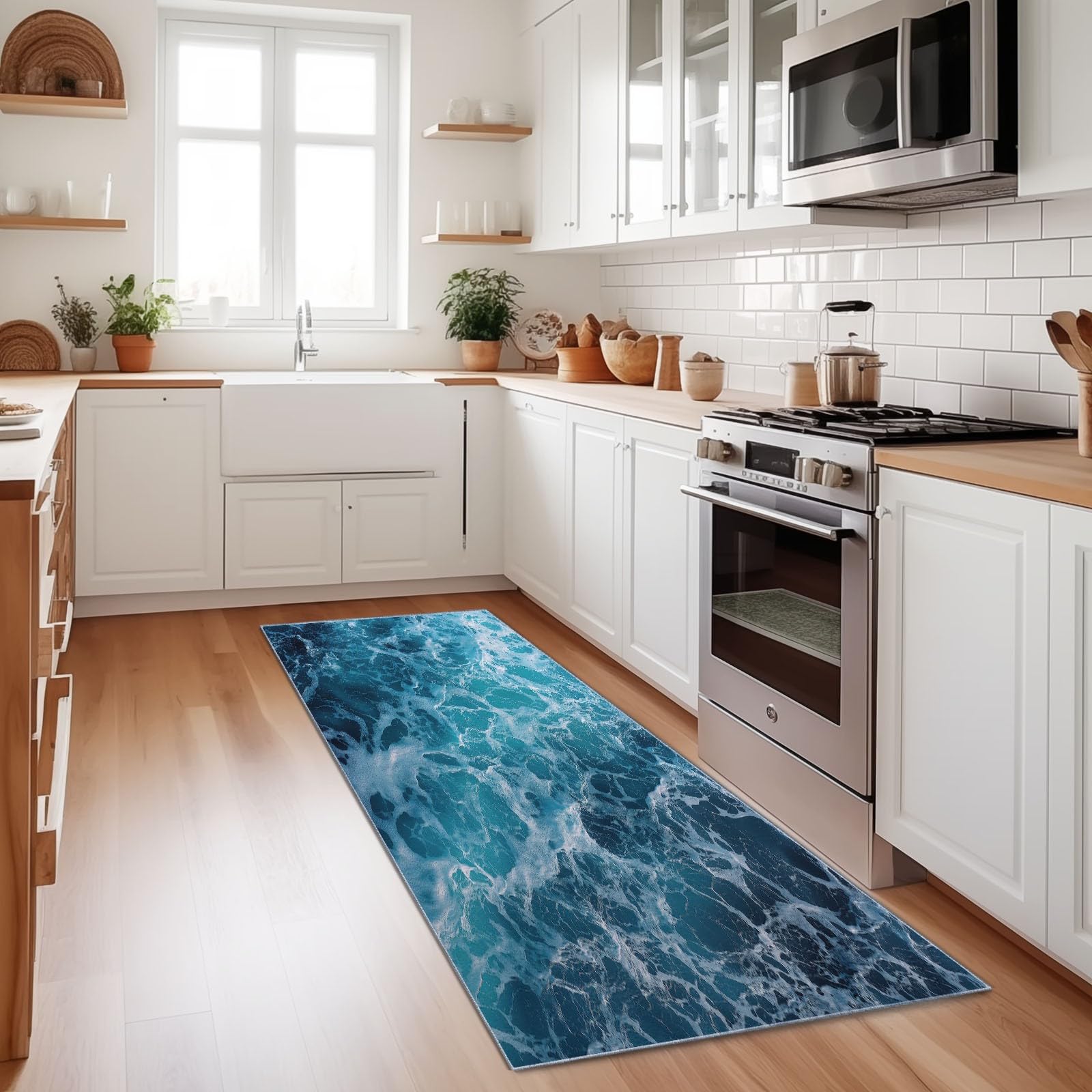 Tapis de cuisine 80 x 300 cm bleu azur à poils courts lavable