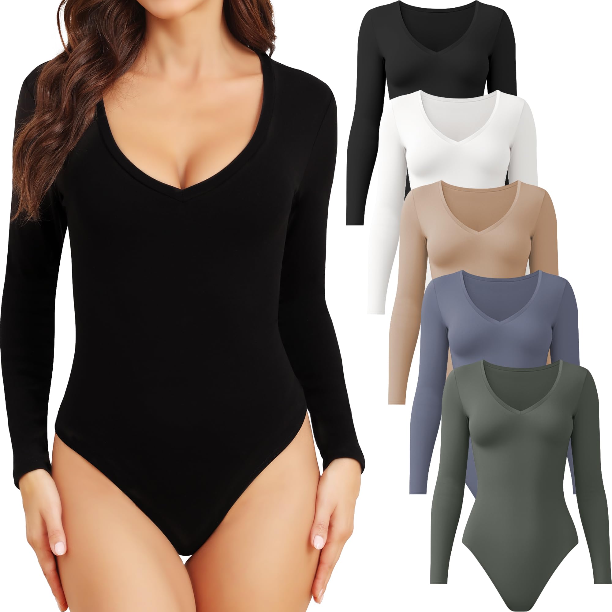CE' CERDR4/5 Pack Long Sleeve Bodysuits for Women Deep V Neck Stretchy Basic Body Suit Tops
