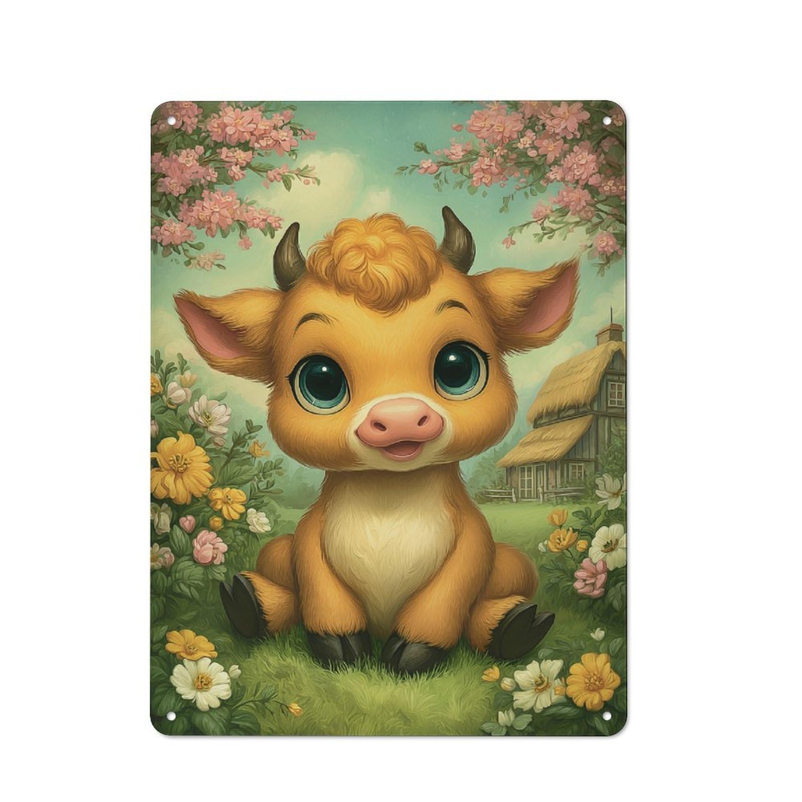 Junmoney Style-17 Cottage Style Cute Cartoon Calf In Floral Meadow Country Metal Sign 40X30cm, Farmhouse Wall Decor For Farmhouse Kitchen, Pantry Or Dining Area