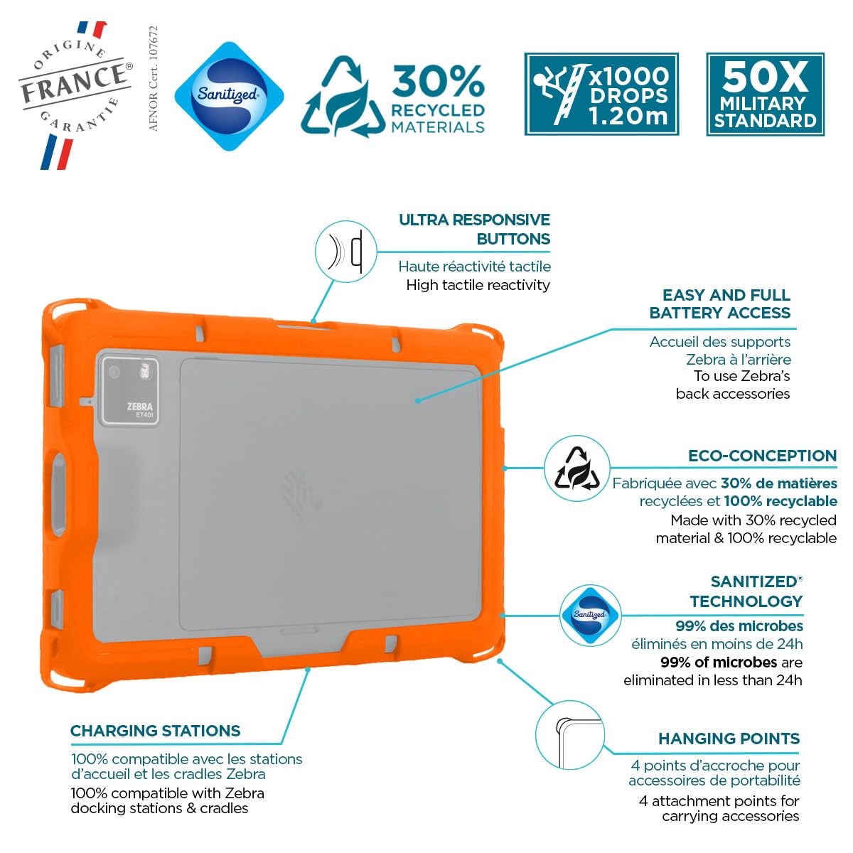 MOBILIS Coque pour Tablette Zebra ET401 10" avec Scanner, Etui Renforcé Protection Militaire, Fabriqué en France, Compatible Accessoires de Charge, Points d'Accroche, Antimicrobien, Orange Fluo