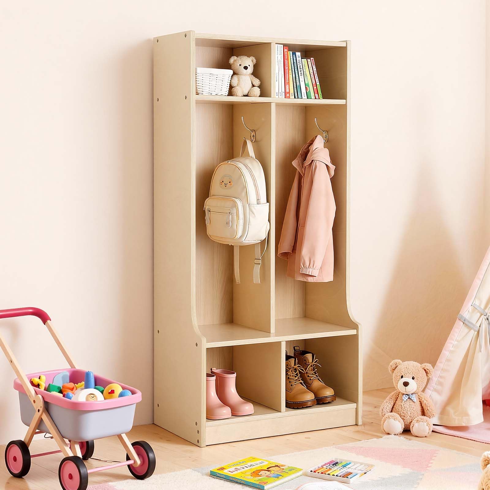 VEVOR Vestiaire 2 Enfants Ouvert, Penderie pour Enfants en Bois, Rangement pour Crèche Maternelle Garderie Maison, Meuble d'accueil Scolaire avec Casiers à Manteaux et à Chaussures, Cases Supérieures
