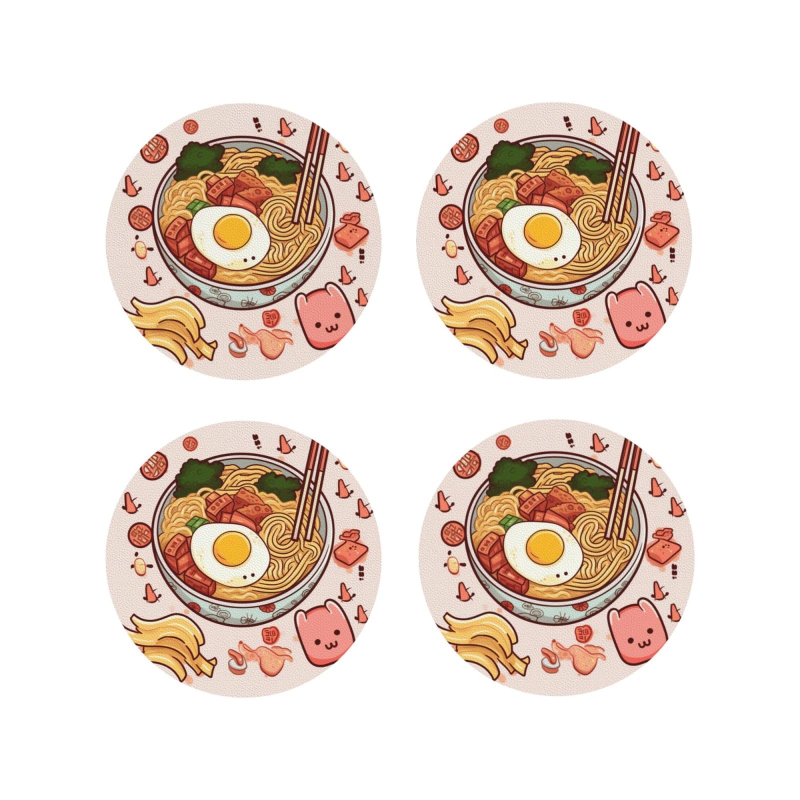 4Pcs PU Leather Coaster for Drinks, Delicious Sweet Ramen Cup Coastersr 4" Cup Mat Pad, Aesthetic Drink Coasters for Coffee Table, Round Shape Coaster for Tabletop Protection