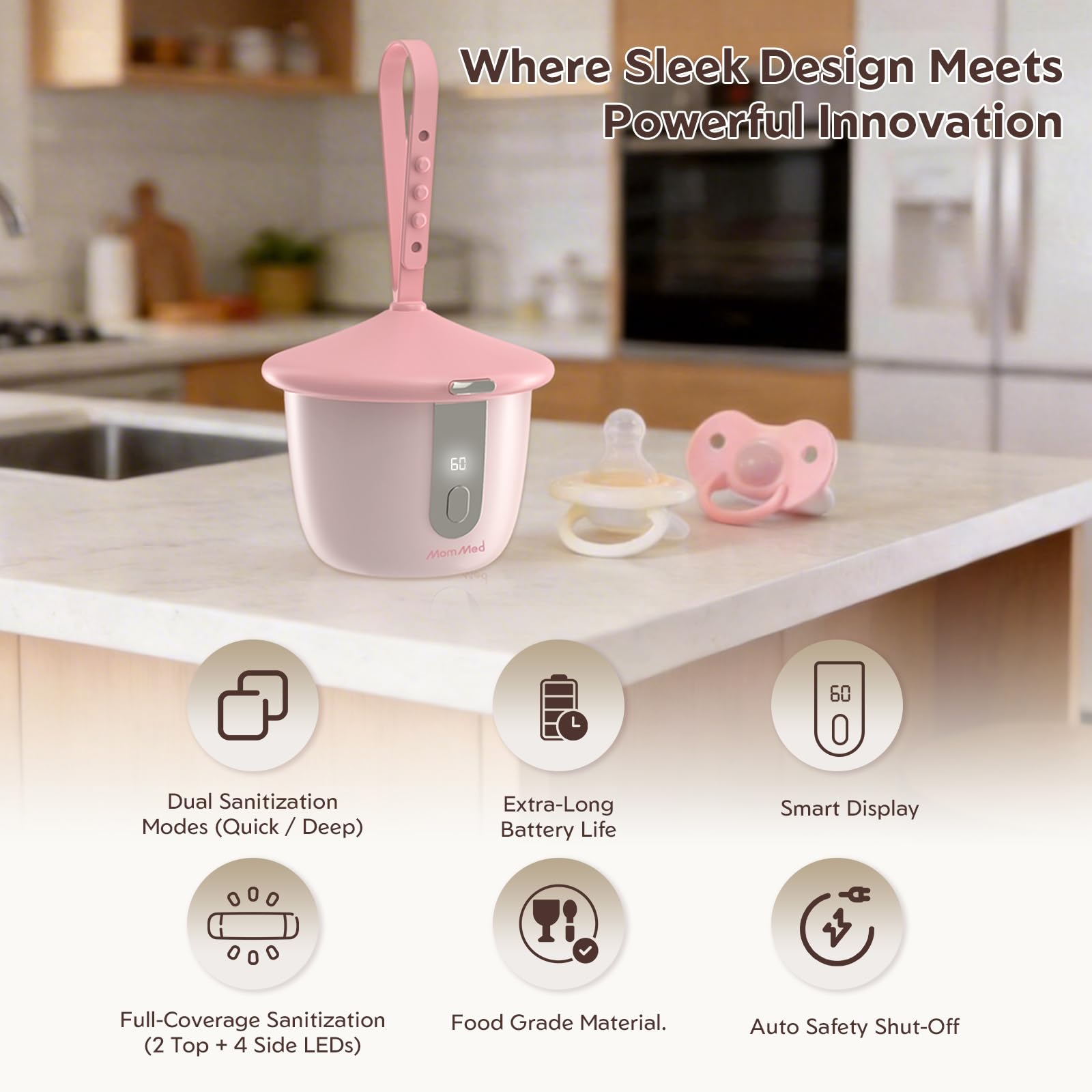 MOMMED Sterilizzatore Ciuccio Portatile UV-C, Custodia Sterilizzatore per Ciuccio con 6 LED, Pulizia Rapida in 1 Minuti, Porta Ciuccio Ricaricabile USB-C con Display, Ideale per Casa e Viaggio, Rosa