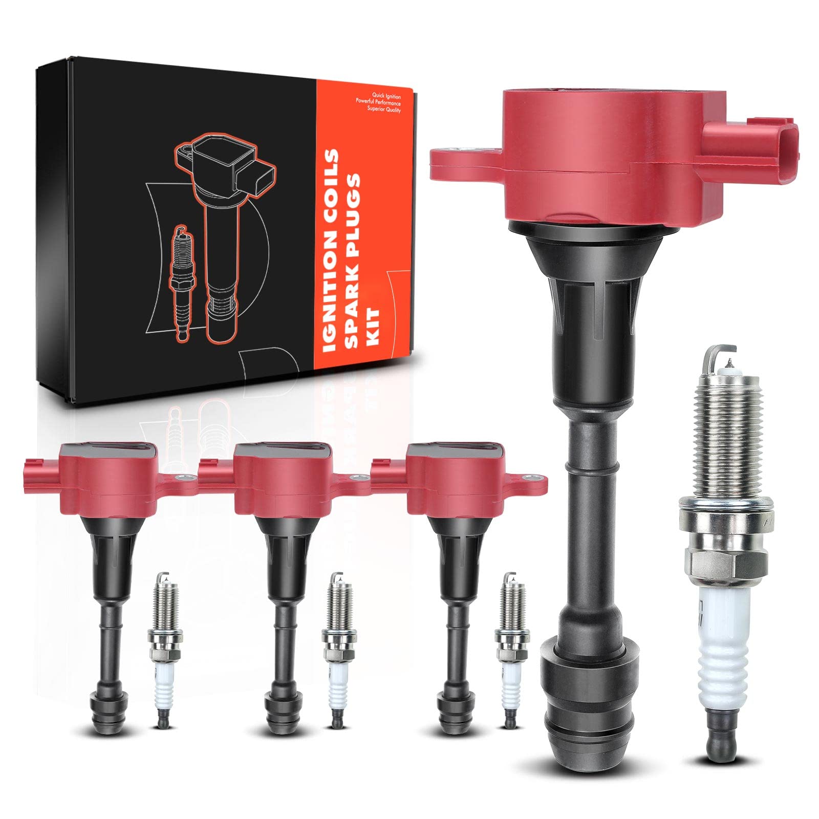 A-Premium Ignition Coils and Spark Plugs Kits Compatible with Nissan Altima Sentra 2002-2006 X-Trail 2005-2006 2.5L Replace# 224338H315 4-PC Set