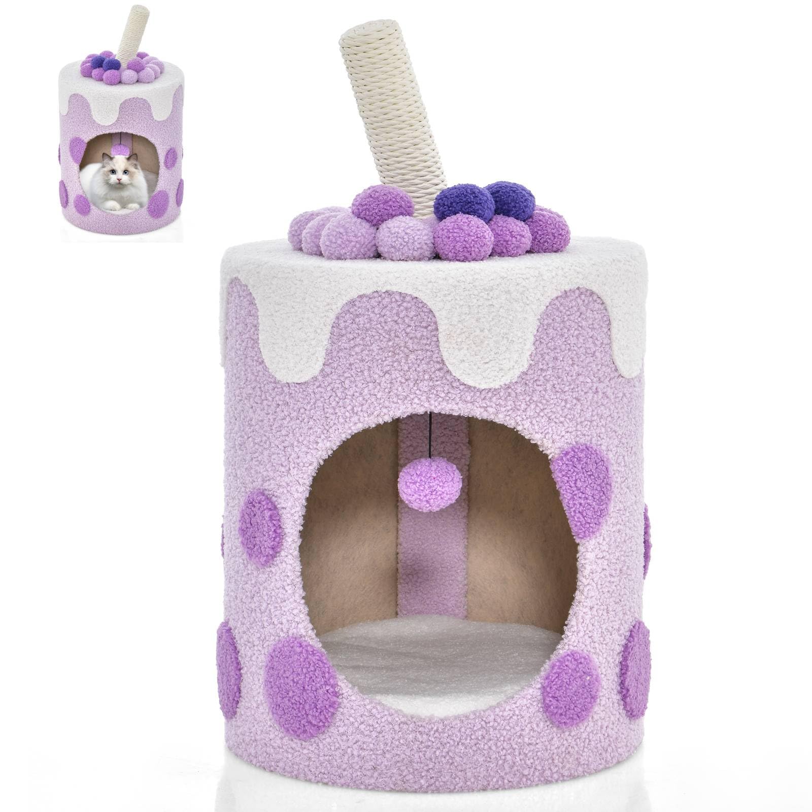 Maxmass Cat Condo, Kitten House with Rotatable Scratching Post, Removable Cushion & Dangling Ball Toy, Kitty Tree Cozy Cats Cave for Indoor (Purple+White)