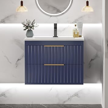 24" Bathroom Vanity Cabinet with Sink Combo, Floating Vanity Bathroom with 2 Big Drawers and Gold Metal Handles, Blue